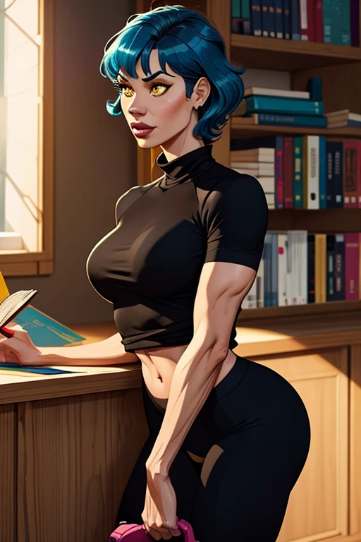 detailed eyes, 8k, (skinny body:1.2), curvy, seductive pose, looking at viewer, 8k vector photography, young teen, beautiful eyes, realistic lighting, detailed outfit, realistic facial features, hyper detail, (perfect angle), micro blue tight skirt, belt, eyelashes, (topless:1.3), no underwear, thin and elegant hands, neat palms, morning light, perfect hands, cinematic, rounded face, (very short hair:1.3), (disheveled dark blue hair:1.4), big yellow eyes, shy smile, (glasses:1.3), (huge ahoge:1.2), (correct anatomy:1.2), girl climbs trough the TV screen, yamamura sadako