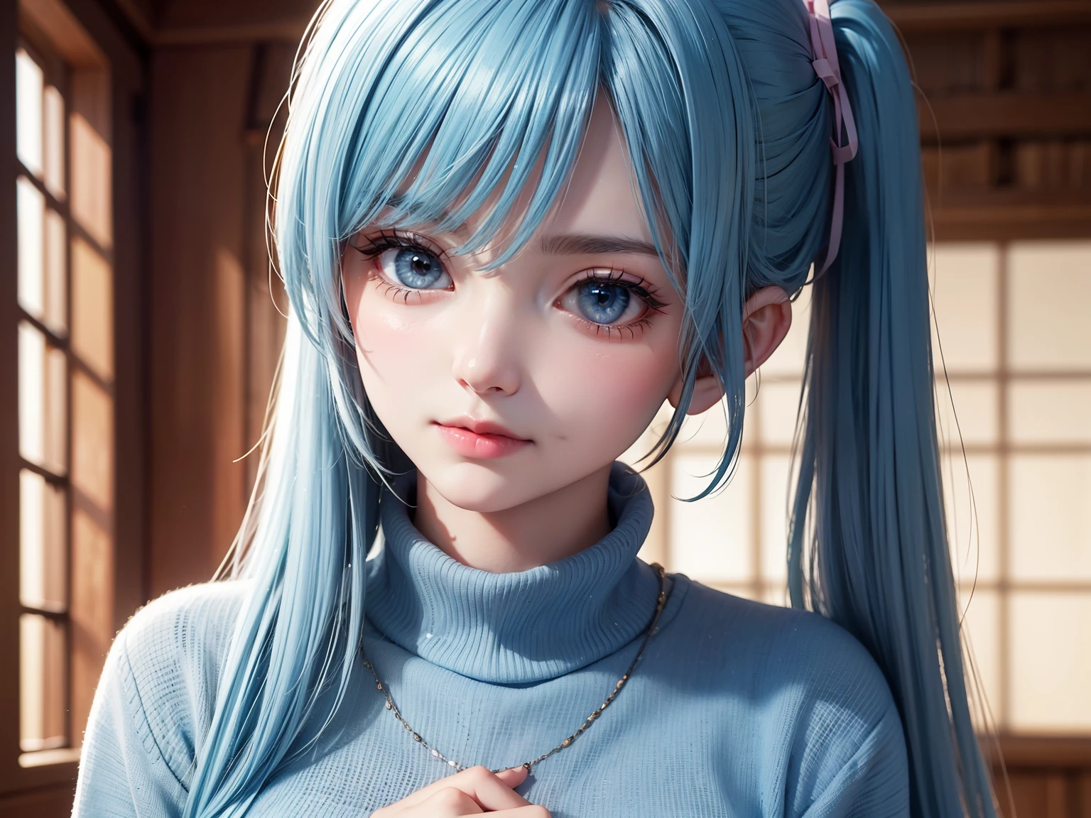 A hyper-realistic, ultra-detailed close-up 3D-rendered image of a -yeld Jaese girl named Kanon. She has a delicate, youthful face with a well-defined, softly contoured jawline, giving her a gentle yet elegant appearance. Her large, expressive light blue eyes shimmer subtly, framed by long, thick dark eyelashes that enhance their depth and natural beauty. Her slightly arched eyebrows complement her eye shape, giving her an innocent and slightly shy look. 

Her cheeks are flushed with a warm pink hue, her soft lips slightly parted as if she’s about to say something but hesitates. Her gaze is slightly averted, looking downward or to the side, avoiding direct eye contact out of embarrassment. Her small hands are gently clasped together near her chest, fingers lightly gripping the fabric of her clothes as she fidgets nervously.

Kanon's signature soft blue hair cascades in long twin tails, tied with delicate white ribbons. A few stray strands fall over her forehead, adding a natural, slightly messy touch to emphasize her emotional state. Her light blue hair flows naturally, catching the warm glow of the indoor lighting, highlighting the delicate texture of her strands.

She is wearing a light, soft-colored sweater, slightly oversized, with long sleeves that extend just past her wrists, adding to the cozy, vulnerable feel. The fabric bunches slightly as she holds the edge of her sleeve between her fingers, a small nervous gesture that adds to her shy demeanor.

The background is softly blurred, with warm, muted tones, suggesting a comfortable indoor space, possibly a quiet café, a cozy bedroom, or a peaceful garden at sunset. The lighting is warm and diffused, casting a gentle glow on her face, enhancing the delicate blush on her cheeks. 

The composition focuses primarily on her upper body and face, ensuring that her subtle emotional expression is clearly visible. Advanced rendering techniques have been