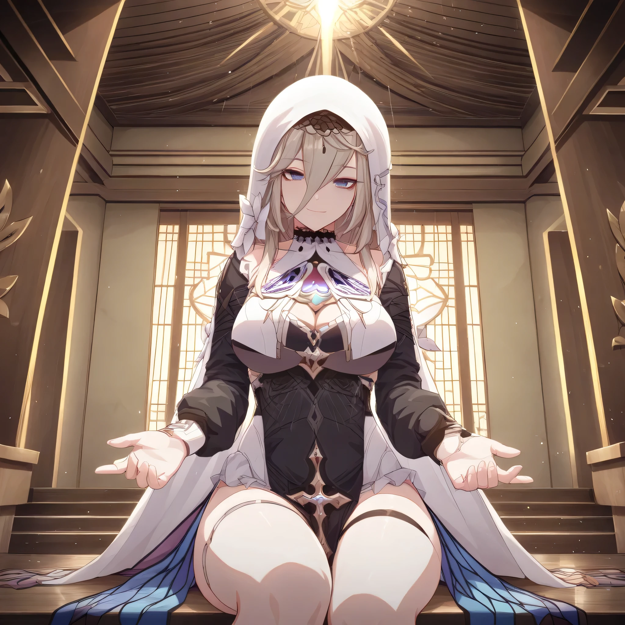 score_9, score_8_up, score_7_up, score_6_up, an Aponia Woman from (Honkai Impact), soucer_anime, sharp_LASCALAE, ultra sharp focus,, tools, more_details_x l, details:1.5, anime, ((temple, interior, centada)),((Illustrations , Artgerm)),(Really, sense of reality:1.4),(perfect lighting, lenses, extremely detailed art,(blue eyes:1.4), (perfect lips, highly detailed pink lips), (realistic details), (realistic photo), (perfect body structure) , (skin texture style), (realism detailed), (Clear and Soft Skin), ((each strand of hair highly detailed)), (Perfect face), (Oval face), (Highly detailed face), ((Smiling)), ((Seductive expression)), (Big peach breasts), (Heart butt), ((Thick thighs)), ((Big ass)), ((Cleavage)), (Expressiveh), (Detailed background: 1.2), (illustration:1.4), (masterpiece: 1.4), (masterpiece, best quality:1.4), (High definition), ((Fingers perfect, Better hands, Perfect hands, Perfect legs, Perfect feet)), (Symmetrical body and face), (Amazing lighting), (3 Renderings), ((Nun outfit, hood, Corset, black dress, dress, habit, long sleeves, nun, veil, a belt on the left thigh, cross with diamonds )), ((More details, improve)), ((Aperture: f/2.0)), ((Depth of Field: Medium)), ((3/4 Angle)), ((Lens: 24mm wide-angle)), (close-up:1.2)), (modern and sophisticated custom interior design, UHD), | front view