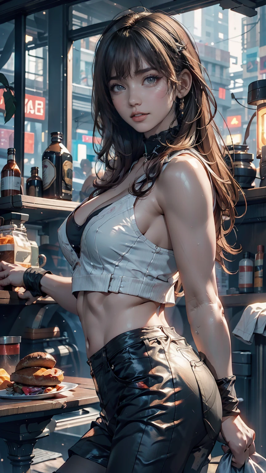 ((16K)),((masterpiece:1.3)), ((Highest quality)), ((Ultra-high resolution)), (Very detailed), (Realistic, photoRealistic:1.4), Perfect lighting,((Side light)), Written boundary depth, Surrealism,photo shoot, No makeup, Film Grain, chromatic aberration, Sharp focus, Face Light,((Beautiful detailsまでこだわった髪)),((Beautiful eyelashes)), Beautifully detailed face, Beautiful details, Beautiful clavicle, Beautiful body, Thin legs,Beautiful breasts, Pointed Chest,Beautiful legs, ((Detailed and carefully drawn hand)), Cleavage, Perfect Anatomy, Supermodel with a long neck,((Skinny1.3)),23 years old,Looking into the camera,(Perfect Anatomy,Anatomically correct, Very detailed肌), Glowing Skin,((beautiful girl:1.1)),(( large breasts :1.5)),shiny hair,((Beautiful ponytail hair)),((Mid-length hair:1.4, Wavy Hair:1.2, Black Hair),((See-through bangs:1.2)),Dainty facial structure,((Captivating smile:1.3)), ((drinking from a pint of coffee:1.4)), drink, cup, drinking,((I have a coffee mug:1.4)),((Cybermode vending machine:1.5)),((leaning on rail:1.2)),(her legs spread in M legs:1.2), ((spread legs:1.2)),((from side)),((wearing Cyberpunk Gunfighter)), ((Futuristic Cyberpunk Outfit:1.2)), ((Don a futuristic ensemble with cyberpunk-inspired clothing, incorporating sleek lines and high-tech details, Gloves with Built-in Tech, Enhance the look with gloves that feature built-in tech elements, adding a sci-fi touch, Holographic Gun Holster, Carry a holographic gun holster for an avant-garde and visually striking appearance in a Hollywood-worthy action scene)),background((Background of a colorful cyberpunk Tokyo street at night. The scene features futuristic skyscrapers illuminated by neon lights and holographic advertisements. ((Flying vehicles zip through the sky)), while people in cyberpunk fashion walk the streets below, The walls of the buildings are adorned with giant digital screens displaying vibrant ads and animations. The ground is embedded with colorful LED lights, creating an ethereal and otherworldly atmosphere throughout the city)),
