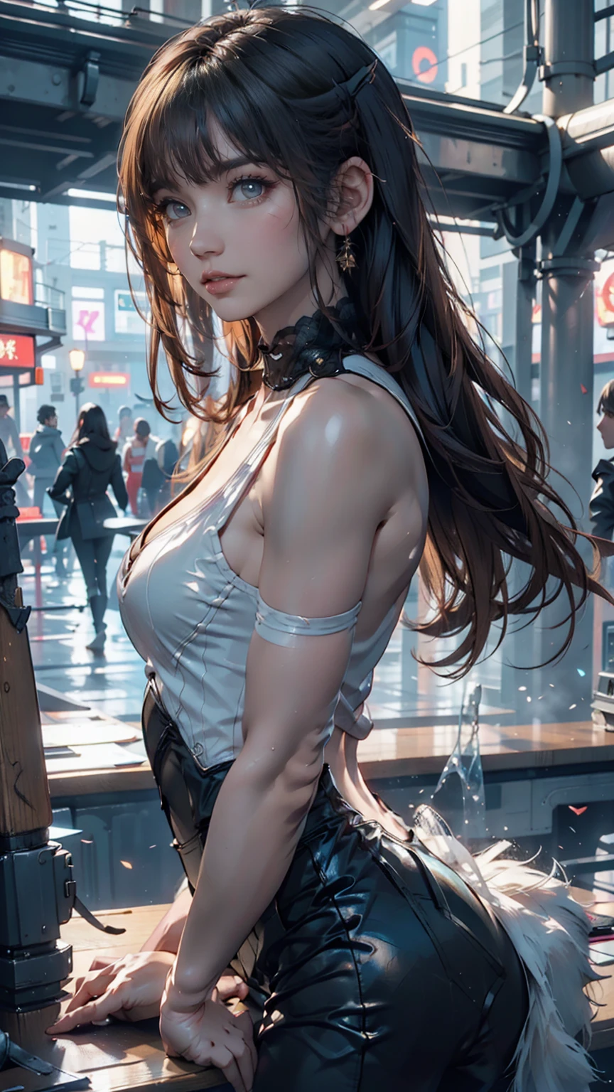 (gigantic breast:1)),(masterpiece, best quality),((high resolution 4k)), 1lady, solo, black shorthair, loose waves,pony tails,wet body,water drops on her body,sitting on the ground,in the city.wet transparent cloths,black sheer tank top,black shorts,front view,dynamic camera
