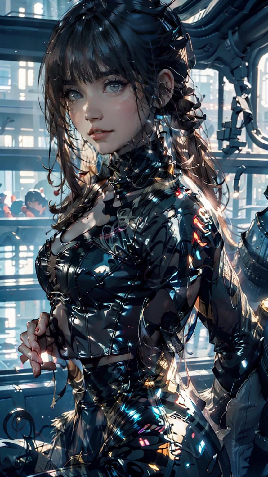 looking away, aerial angle, (mechanical, complex body), ((huge god's weapon has female face's outline embedded)), drooping eyes, blush, sleepy, open mouth,