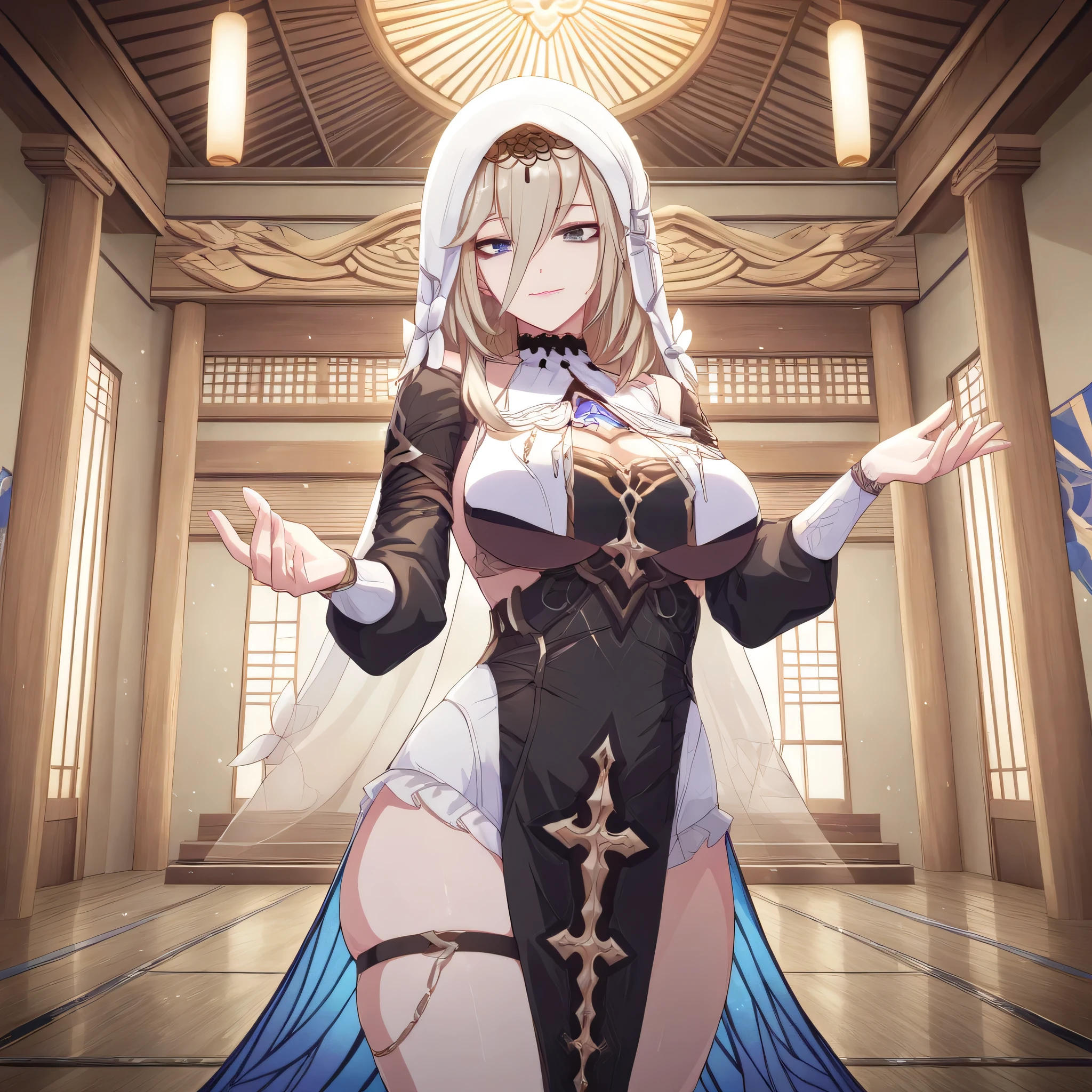 score_9, score_8_up, score_7_up, score_6_up, an Aponia Woman from (Honkai Impact), soucer_anime, sharp_LASCALAE, ultra sharp focus,, tools, more_details_x l, details:1.5, anime, ((temple, interior, Standing))，（(Illustrations , Artgerm))，（Really, sense of reality：1.4），（perfect lighting, lenses, extremely detailed art,（blue eyes:1.4), (perfect lips, highly detailed pink lips), (realistic details), (realistic photo), (perfect body structure) , (skin texture style), (realism detailed), (Clear and Soft Skin), ((each strand of hair highly detailed)), (Perfect face), (Oval face), (Highly detailed face), ((Smiling)), ((Seductive expression)), (Big peach breasts), (Heart butt), ((Thick thighs)), ((Big ass)), ((Cleavage)), (Expressiveh), (Detailed background: 1.2), (illustration:1.4), (masterpiece: 1.4), (masterpiece, best quality:1.4), (High definition), ((Fingers perfect, Better hands, Perfect hands, Perfect legs, Perfect feet)), (Symmetrical body and face), (Amazing lighting), (3 Renderings), ((Nun outfit, hood, Corset, black dress, dress, habit, long sleeves, nun, veil, a belt on the left thigh, cross with diamonds )), ((More details, improve)), ((Aperture: f/2.0)), ((Depth of Field: Medium)), ((3/4 Angle)), ((Lens: 24mm wide-angle)), (close-up:1.2)), (modern and sophisticated custom interior design, UHD), | front view
