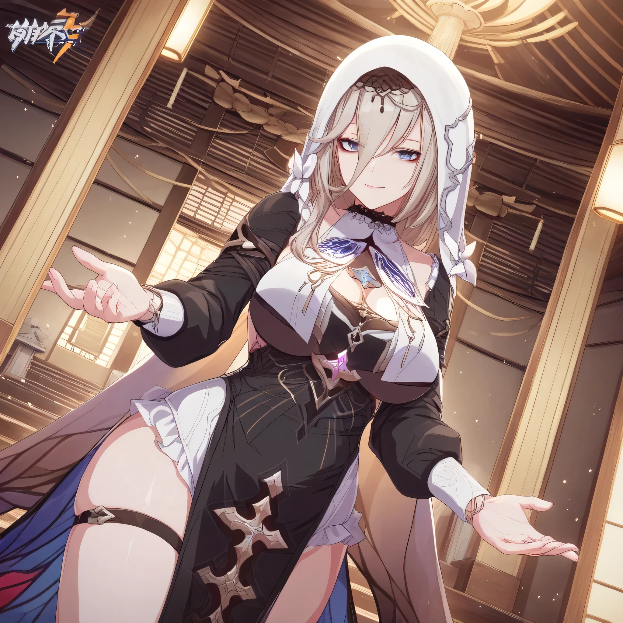 score_9, score_8_up, score_7_up, score_6_up, an Aponia Woman from (Honkai Impact), soucer_anime, sharp_LASCALAE, ultra sharp focus,, tools, more_details_x l, details:1.5, anime, ((temple, interior, Standing)),((Illustrations , Artgerm)),(Really, sense of reality:1.4),(perfect lighting, lenses, extremely detailed art,(blue eyes:1.4), (perfect lips, highly detailed pink lips), (realistic details), (realistic photo), (perfect body structure) , (skin texture style), (realism detailed), (Clear and Soft Skin), ((each strand of hair highly detailed)), (Perfect face), (Oval face), (Highly detailed face), ((Smiling)), ((Seductive expression)), (Big peach breasts), (Heart butt), ((Thick thighs)), ((Big ass)), ((Cleavage)), (Expressiveh), (Detailed background: 1.2), (illustration:1.4), (masterpiece: 1.4), (masterpiece, best quality:1.4), (High definition), ((Fingers perfect, Better hands, Perfect hands, Perfect legs, Perfect feet)), (Symmetrical body and face), (Amazing lighting), (3 Renderings), ((Nun outfit, hood, Corset, black dress, dress, habit, long sleeves, nun, veil, a belt on the left thigh, cross with diamonds )), ((More details, improve)), ((Aperture: f/2.0)), ((Depth of Field: Medium)), ((3/4 Angle)), ((Lens: 24mm wide-angle)), (close-up:1.2)), (modern and sophisticated custom interior design, UHD), | front view