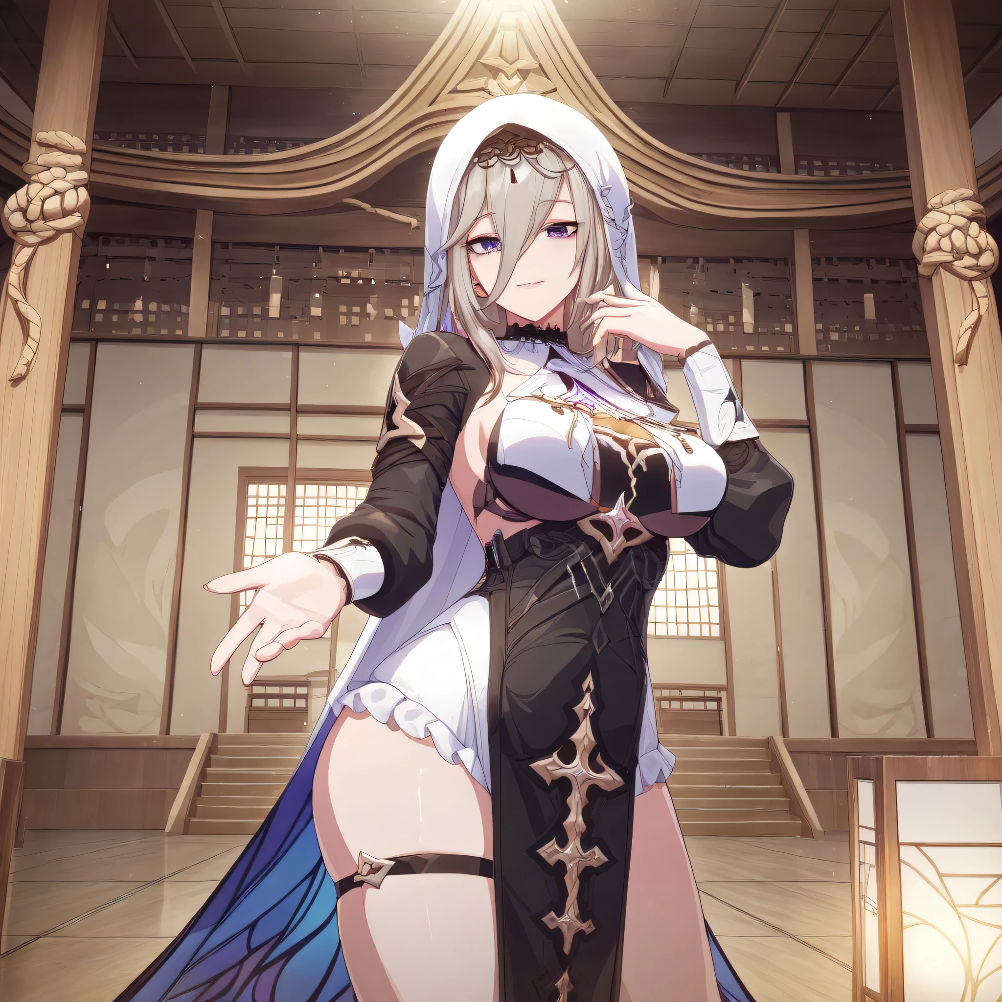 score_9, score_8_up, score_7_up, score_6_up, an Aponia Woman from (Honkai Impact), soucer_anime, sharp_LASCALAE, ultra sharp focus,, tools, more_details_x l, details:1.5, anime, ((temple, interior, Standing))，（(Illustrations , Artgerm))，（Really, sense of reality：1.4），（perfect lighting, lenses, extremely detailed art,（blue eyes:1.4), (perfect lips, highly detailed pink lips), (realistic details), (realistic photo), (perfect body structure) , (skin texture style), (realism detailed), (Clear and Soft Skin), ((each strand of hair highly detailed)), (Perfect face), (Oval face), (Highly detailed face), ((Smiling)), ((Seductive expression)), (Big peach breasts), (Heart butt), ((Thick thighs)), ((Big ass)), ((Cleavage)), (Expressiveh), (Detailed background: 1.2), (illustration:1.4), (masterpiece: 1.4), (masterpiece, best quality:1.4), (High definition), ((Fingers perfect, Better hands, Perfect hands, Perfect legs, Perfect feet)), (Symmetrical body and face), (Amazing lighting), (3 Renderings), ((Nun outfit, hood, Corset, black dress, dress, habit, long sleeves, nun, veil, a belt on the left thigh, cross with diamonds )), ((More details, improve)), ((Aperture: f/2.0)), ((Depth of Field: Medium)), ((3/4 Angle)), ((Lens: 24mm wide-angle)), (close-up:1.2)), (modern and sophisticated custom interior design, UHD), | front view
