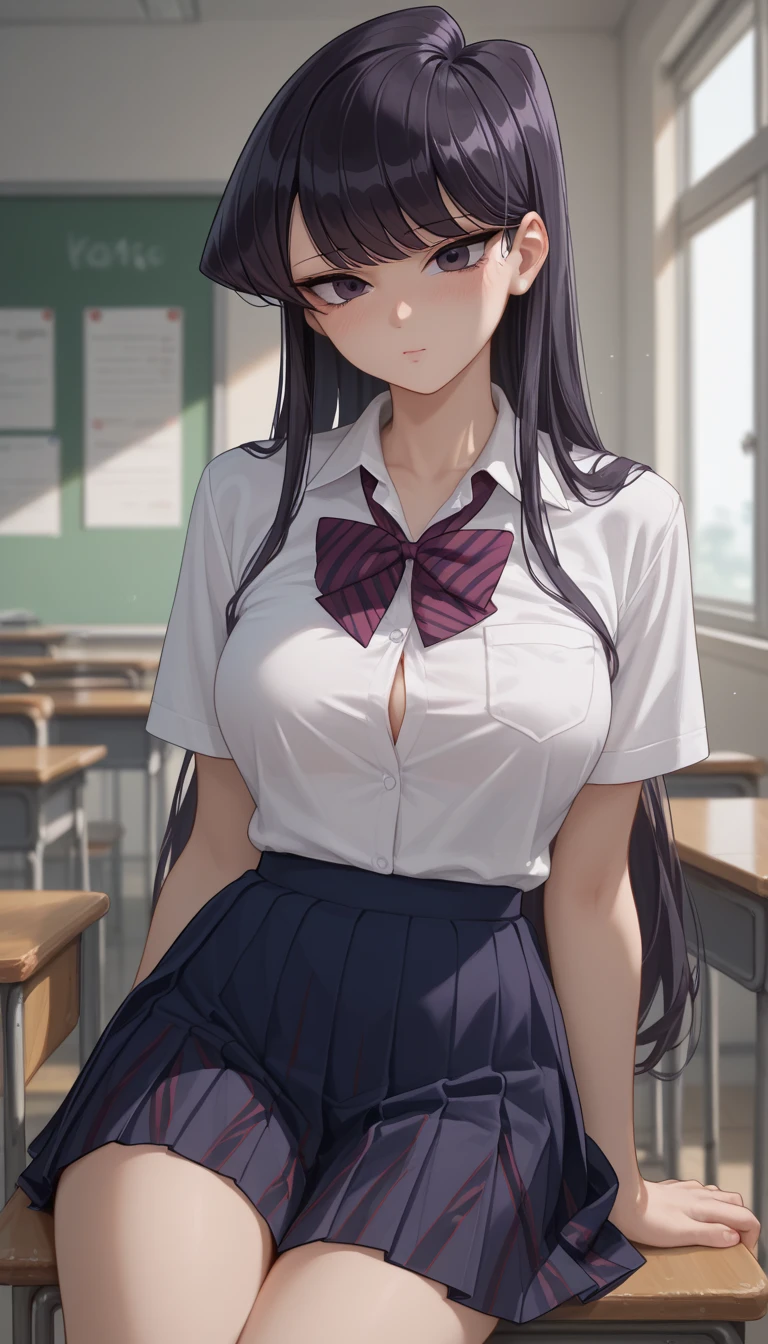 1girl, natural lighting, masterpiece, highly detailed, illustration, game CG, absurdres, high quality, aichan, large breasts, beautiful detailed eyes, detailed hair, glossy lips, blush, school, white shirt, black pleated miniskirt, collarbone, twintails, hands on hips