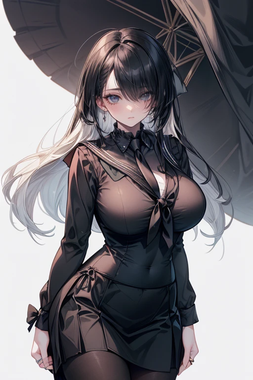 Masterpiece, very detailed, ultra detailed, one, (1 woman), she is in a simple witch black dress, detailed black witch hat and in an elegant position, super mature, tall, milf, mature mother, long hair, straight hair, super black hair and straight bangs, beautiful, charming, black eyes, dark eyes, black nails, elegant, medium breasts (huge, torn), cheerful breasts, neutral face, charming, white background, dark atmosphere.