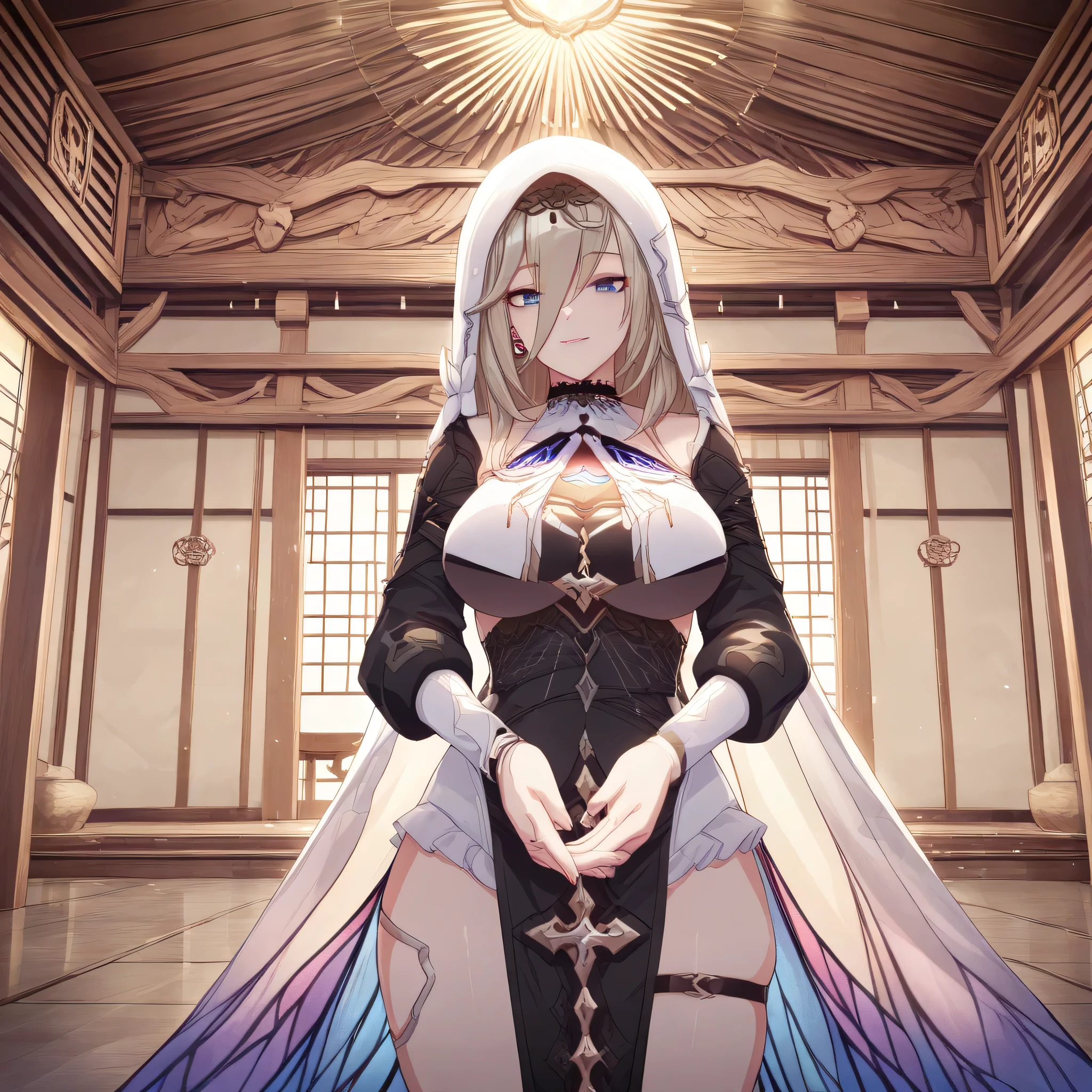 score_9, score_8_up, score_7_up, score_6_up, an Aponia Woman from (Honkai Impact), soucer_anime, sharp_LASCALAE, ultra sharp focus,, tools, more_details_x l, details:1.5, anime, ((temple, interior, Standing))，（(Illustrations , Artgerm))，（Really, sense of reality：1.4），（perfect lighting, lenses, extremely detailed art,（blue eyes:1.4), (perfect lips, highly detailed pink lips), (realistic details), (realistic photo), (perfect body structure) , (skin texture style), (realism detailed), (Clear and Soft Skin), ((each strand of hair highly detailed)), (Perfect face), (Oval face), (Highly detailed face), ((Smiling)), ((Seductive expression)), (Big peach breasts), (Heart butt), ((Thick thighs)), ((Big ass)), ((Cleavage)), (Expressiveh), (Detailed background: 1.2), (illustration:1.4), (masterpiece: 1.4), (masterpiece, best quality:1.4), (High definition), ((Fingers perfect, Better hands, Perfect hands, Perfect legs, Perfect feet)), (Symmetrical body and face), (Amazing lighting), (3 Renderings), ((Nun outfit, hood, Corset, black dress, dress, habit, long sleeves, nun, veil, a belt on the left thigh, cross with diamonds )), ((More details, improve)), ((Aperture: f/2.0)), ((Depth of Field: Medium)), ((3/4 Angle)), ((Lens: 24mm wide-angle)), (close-up:1.2)), (modern and sophisticated custom interior design, UHD), | front view
