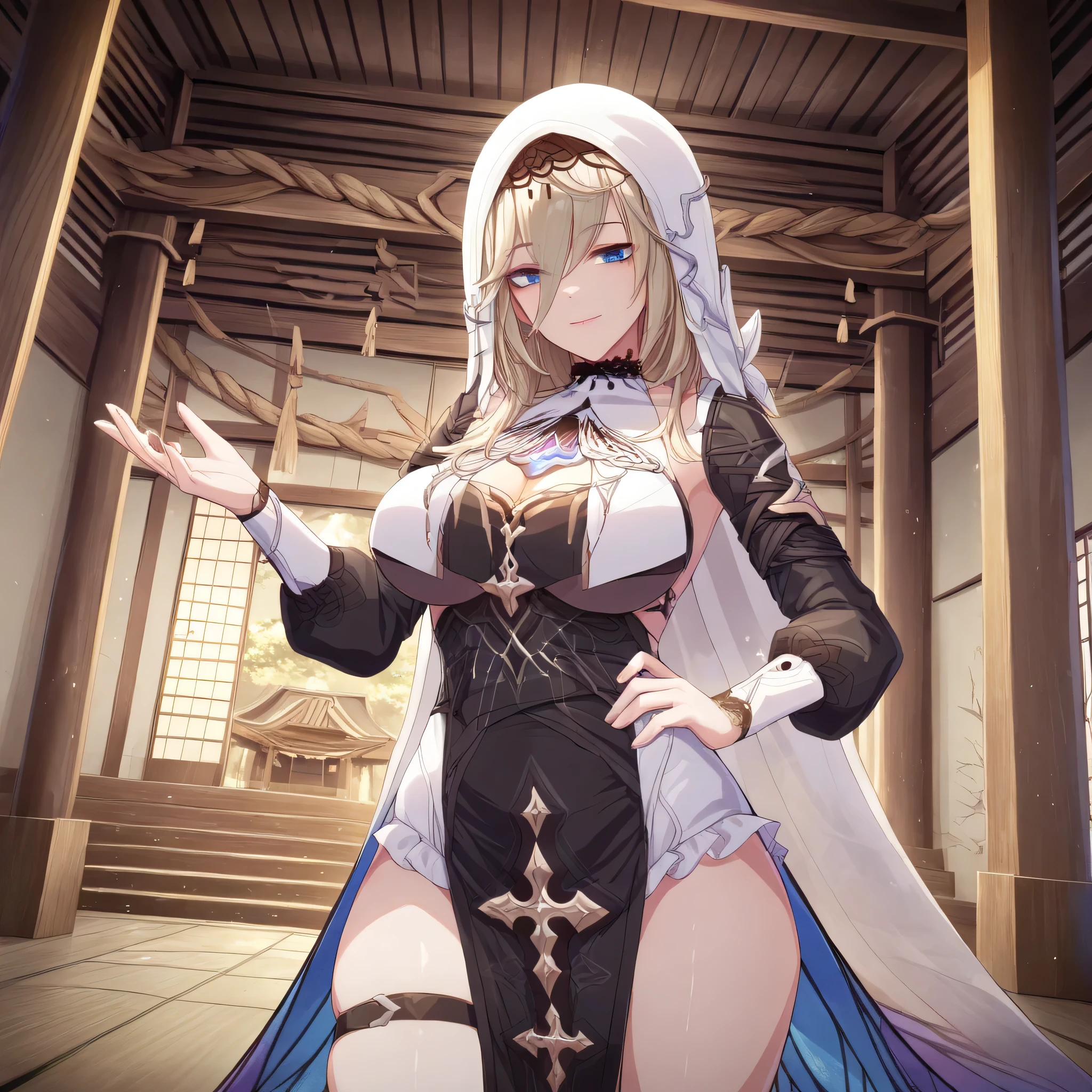 score_9, score_8_up, score_7_up, score_6_up, an Aponia Woman from (Honkai Impact), soucer_anime, sharp_LASCALAE, ultra sharp focus,, tools, more_details_x l, details:1.5, anime, ((temple, interior, Standing)),((Illustrations , Artgerm)),(Really, sense of reality:1.4),(perfect lighting, lenses, extremely detailed art,(blue eyes:1.4), (perfect lips, highly detailed pink lips), (realistic details), (realistic photo), (perfect body structure) , (skin texture style), (realism detailed), (Clear and Soft Skin), ((each strand of hair highly detailed)), (Perfect face), (Oval face), (Highly detailed face), ((Smiling)), ((Seductive expression)), (Big peach breasts), (Heart butt), ((Thick thighs)), ((Big ass)), ((Cleavage)), (Expressiveh), (Detailed background: 1.2), (illustration:1.4), (masterpiece: 1.4), (masterpiece, best quality:1.4), (High definition), ((Fingers perfect, Better hands, Perfect hands, Perfect legs, Perfect feet)), (Symmetrical body and face), (Amazing lighting), (3 Renderings), ((Nun outfit, hood, Corset, black dress, dress, habit, long sleeves, nun, veil, a belt on the left thigh, cross with diamonds )), ((More details, improve)), ((Aperture: f/2.0)), ((Depth of Field: Medium)), ((3/4 Angle)), ((Lens: 24mm wide-angle)), (close-up:1.2)), (modern and sophisticated custom interior design, UHD), | front view