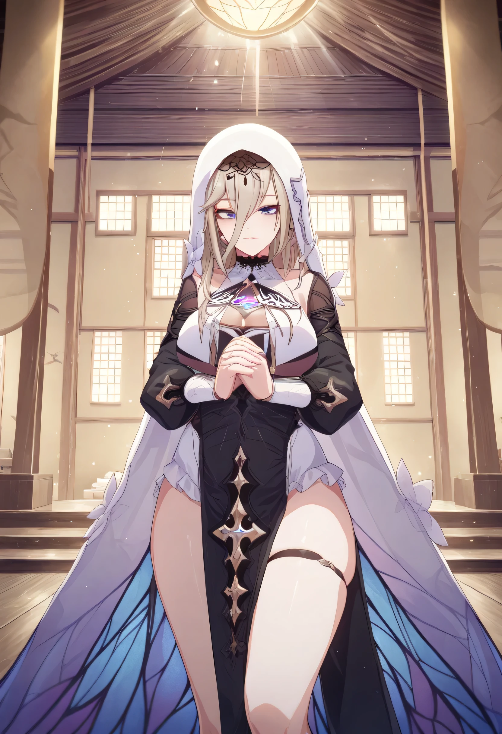 score_9, score_8_up, score_7_up, score_6_up, an Aponia Woman from (Honkai Impact), soucer_anime, sharp_LASCALAE, ultra sharp focus,, tools, more_details_x l, details:1.5, anime, ((temple, interior, Standing)),((Illustrations , Artgerm)),(Really, sense of reality:1.4),(perfect lighting, lenses, extremely detailed art,(blue eyes:1.4), (perfect lips, highly detailed pink lips), (realistic details), (realistic photo), (perfect body structure) , (skin texture style), (realism detailed), (Clear and Soft Skin), ((each strand of hair highly detailed)), (Perfect face), (Oval face), (Highly detailed face), ((Smiling)), ((Seductive expression)), (Big peach breasts), (Heart butt), ((Thick thighs)), ((Big ass)), ((Cleavage)), (Expressiveh), (Detailed background: 1.2), (illustration:1.4), (masterpiece: 1.4), (masterpiece, best quality:1.4), (High definition), ((Fingers perfect, Better hands, Perfect hands, Perfect legs, Perfect feet)), (Symmetrical body and face), (Amazing lighting), (3 Renderings), ((Nun outfit, hood, Corset, black dress, dress, habit, long sleeves, nun, veil, a belt on the left thigh, cross with diamonds )), ((More details, improve)), ((Aperture: f/2.0)), ((Depth of Field: Medium)), ((3/4 Angle)), ((Lens: 24mm wide-angle)), (close-up:1.2)), (modern and sophisticated custom interior design, UHD), | front view