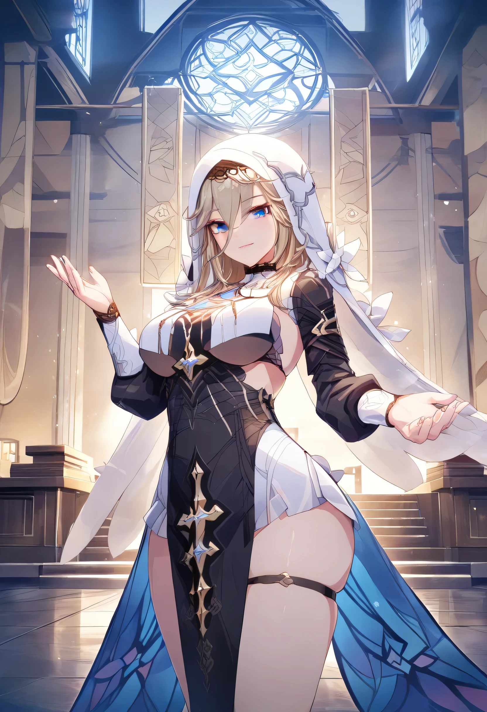 score_9, score_8_up, score_7_up, score_6_up, an Aponia Woman from (Honkai Impact), soucer_anime, sharp_LASCALAE, ultra sharp focus,, tools, more_details_x l, details:1.5, anime, ((temple, interior, Standing)),((Illustrations , Artgerm)),(Really, sense of reality:1.4),(perfect lighting, lenses, extremely detailed art,(blue eyes:1.4), (perfect lips, highly detailed pink lips), (realistic details), (realistic photo), (perfect body structure) , (skin texture style), (realism detailed), (Clear and Soft Skin), ((each strand of hair highly detailed)), (Perfect face), (Oval face), (Highly detailed face), ((Smiling)), ((Seductive expression)), (Big peach breasts), (Heart butt), ((Thick thighs)), ((Big ass)), ((Cleavage)), (Expressiveh), (Detailed background: 1.2), (illustration:1.4), (masterpiece: 1.4), (masterpiece, best quality:1.4), (High definition), ((Fingers perfect, Better hands, Perfect hands, Perfect legs, Perfect feet)), (Symmetrical body and face), (Amazing lighting), (3 Renderings), ((Nun outfit, hood, Corset, black dress, dress, habit, long sleeves, nun, veil, a belt on the left thigh, cross with diamonds )), ((More details, improve)), ((Aperture: f/2.0)), ((Depth of Field: Medium)), ((3/4 Angle)), ((Lens: 24mm wide-angle)), (close-up:1.2)), (modern and sophisticated custom interior design, UHD), | U V front view