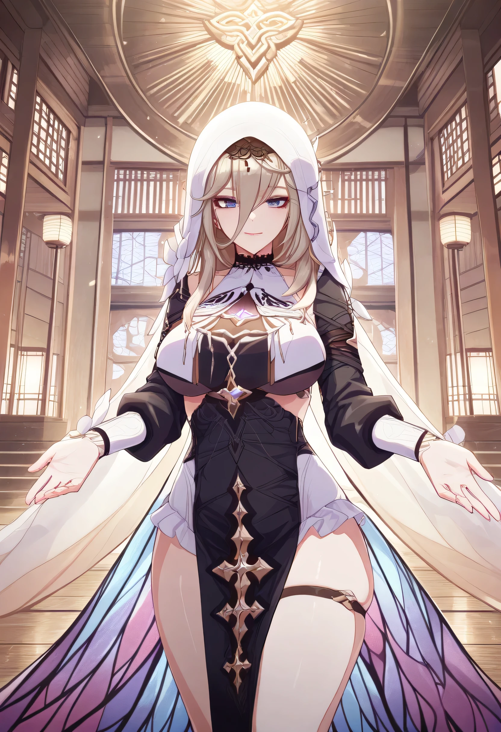 score_9, score_8_up, score_7_up, score_6_up, an Aponia Woman from (Honkai Impact), soucer_anime, sharp_LASCALAE, ultra sharp focus,, tools, more_details_x l, details:1.5, anime, ((temple, interior, Standing)),((Illustrations , Artgerm)),(Really, sense of reality:1.4),(perfect lighting, lenses, extremely detailed art,(blue eyes:1.4), (perfect lips, highly detailed pink lips), (realistic details), (realistic photo), (perfect body structure) , (skin texture style), (realism detailed), (Clear and Soft Skin), ((each strand of hair highly detailed)), (Perfect face), (Oval face), (Highly detailed face), ((Smiling)), ((Seductive expression)), (Big peach breasts), (Heart butt), ((Thick thighs)), ((Big ass)), ((Cleavage)), (Expressiveh), (Detailed background: 1.2), (illustration:1.4), (masterpiece: 1.4), (masterpiece, best quality:1.4), (High definition), ((Fingers perfect, Better hands, Perfect hands, Perfect legs, Perfect feet)), (Symmetrical body and face), (Amazing lighting), (3 Renderings), ((Nun outfit, hood, Corset, black dress, dress, habit, long sleeves, nun, veil, a belt on the left thigh, cross with diamonds )), ((More details, improve)), ((Aperture: f/2.0)), ((Depth of Field: Medium)), ((3/4 Angle)), ((Lens: 24mm wide-angle)), (close-up:1.2)), (modern and sophisticated custom interior design, UHD), | U V front view
