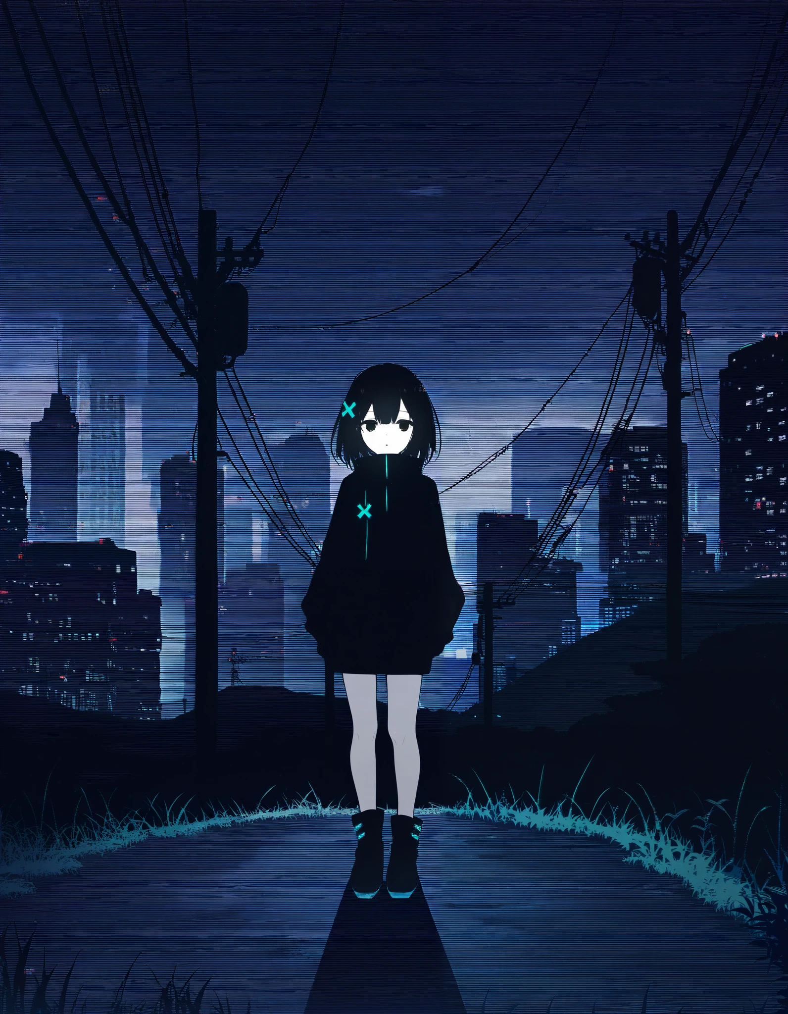 1girl, looking at viewer, full body shot, sleeves, full body, :d, glitch art, glitching, glitch, scanlines, monochrome, outdoors, power lines, wide shot, reddish sky, grass, hill, expressionless, x hair ornament, city lights in background, city in background, skyscraper in background, skyline, stylish, dark theme, very awa, masterpiece, best quality, high quality, newest, recent, year 2024, absurdres,