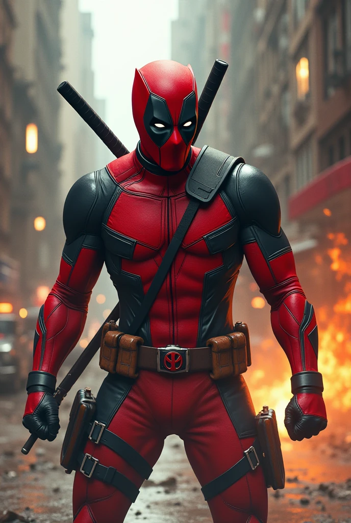 ((best quality)), ((masterpiece)), ((ultra realistic)), ((dynamic combat action pose)), professional intricately detailed award winning portfolio photograph, deadpool standing in front of an exploding stately home, intricately detailed filthy ripped red deadpool outfit, massive explosion, rubble, burning manor in the background, highly detailed, ((close upper body portrait)), professional, realistic, roughness, ultra realistic, photographed on a Canon EOS R5, 50mm lens, muted colors, F/2.8, HDR, 8k resolution, highres, high detail, sharp focus, smooth, roughness, real life, photorealism, photography, 8k uhd, cinematic film still from days of future past|deadpool