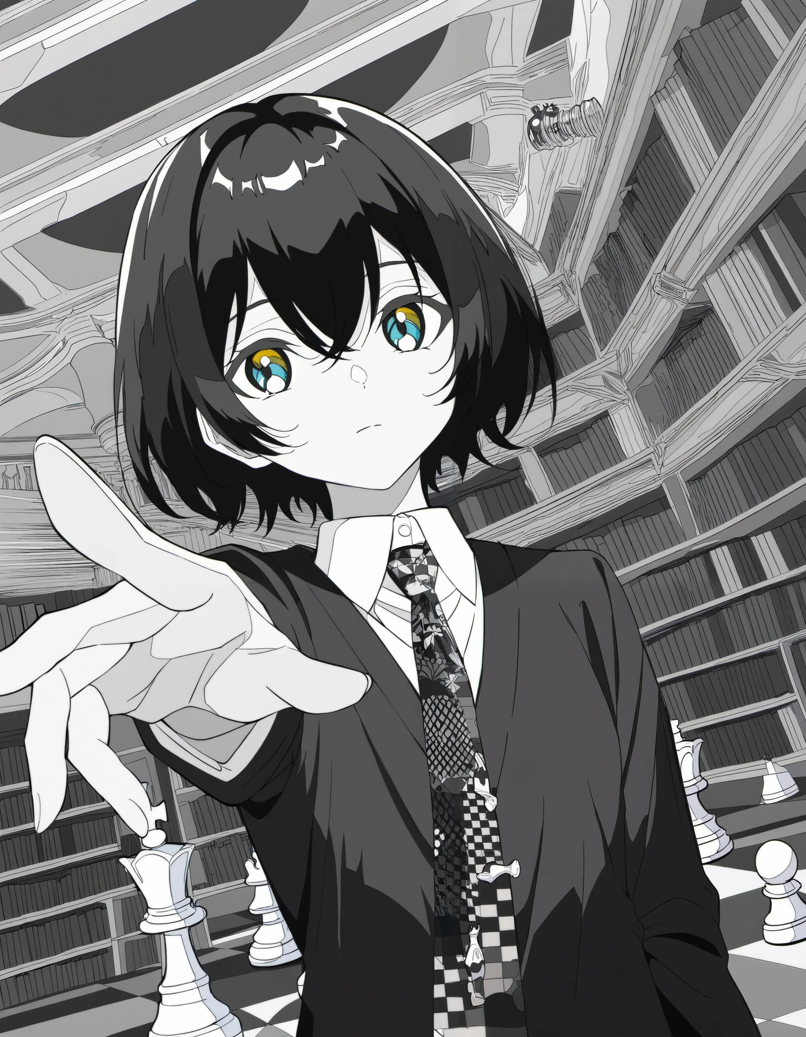dutch angle, two-finger, upper body, perspective, chess piece, reaching, abstract chess piece, expressionless, solo, looking ahead, intense,
7A3IFRHPR_illu, ligne claire,
monochrome, greyscale, partially colored, colorful_necktie, colorful_eyes, tareme,
[greyscale background, unmoving pattern], library, domed ceiling,
[dynamic pose]
very awa, masterpiece, newest,