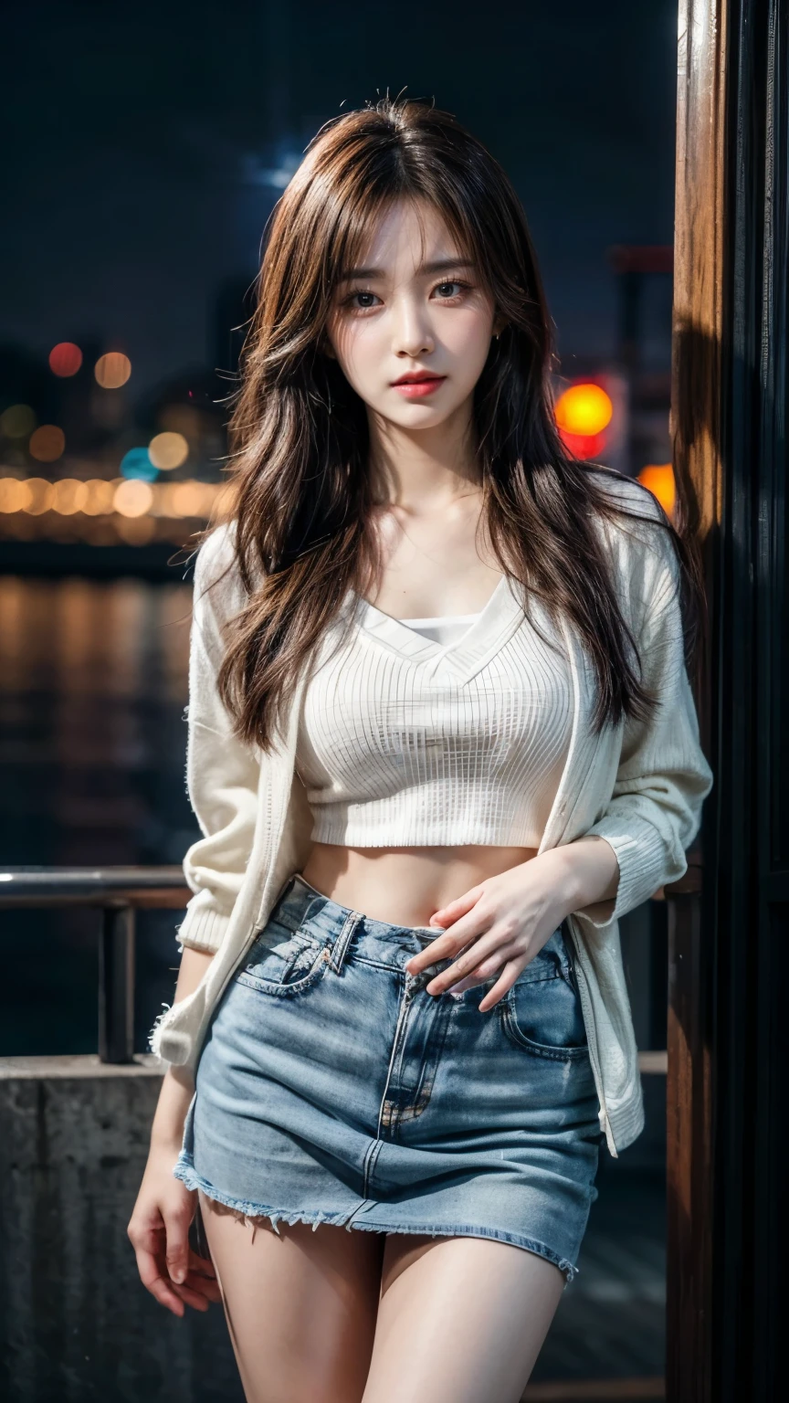 (( best quality , 【8k, Masterpiece: 1.3)), focus: 1.2, Green Red Flag Robe , 8k Ultra HD ,Masterpiece, RAW format photo , Best Picture Quality ,extreme details(1.2): Realistic Reproduction ,Extremely detailed CG unified in 【8k resolution,【8k diamond-level delicacy and wallpaper-like visual impact, with depth of field 、 Layered Light Shadow Effect 、 Lens flash 、 Light tracking technology (Stunningly beautiful face 、 Beautiful Lips、 Beautiful Eyes ), Extremely exquisite facial detail ( Extremely Delicate Skin ) — depicting a Korean female model , Exquisite delicate eyes in the dark night , In a deep shadow , Charming Korean girl , as a Korean pop idol ( is worn tight Silk flag robe :1.3), Shows from the viewer's point of view , Purple Vest 1 .5, Short Denim Jacket 1 .5, Low Waist Denim Mini Skirt :1.5, The cut of the short clothing , night view of the city,neon lights, a beautiful Korean girl in a dark night atmosphere, Pearl Stud Earrings 、lace stockings,Clear and bright eyes, walking posture , Skin Whiteness, Direct vision camera front , Big Eyes Charming (上半身close up),close up, The overall image is extremely thin 、Slim Elegant , Black Mini Pleated Skirt , She looks like actress Kim Hyun