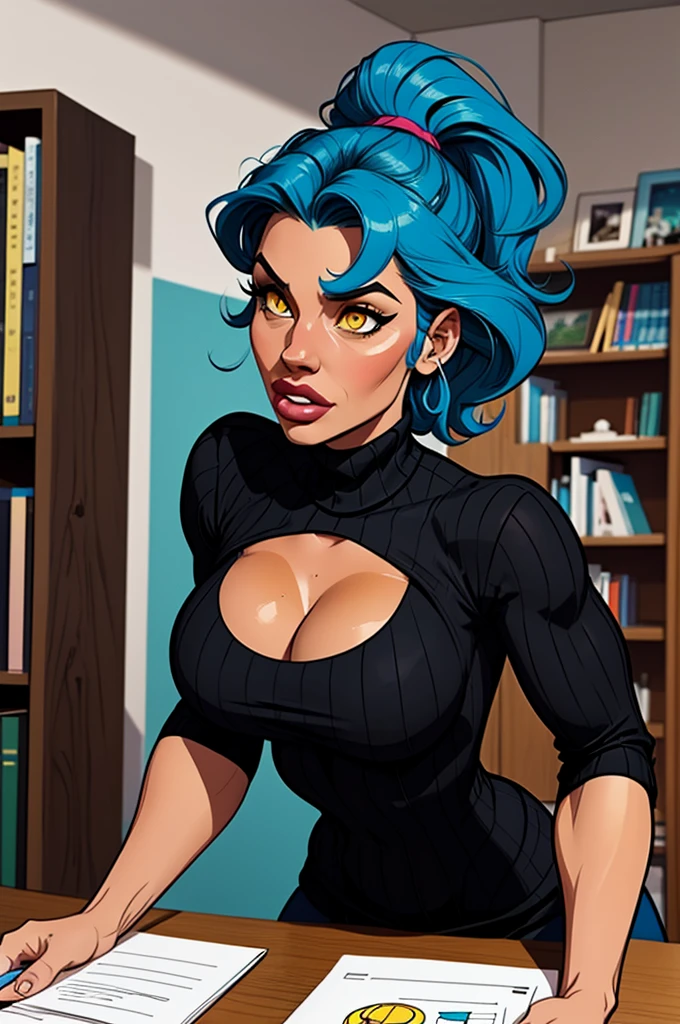 trans Male to female, plump pursed lips, freckles, long curly blue hair with bangs, crystal blue eyes with smoky eye shadow and black eyeliner, black semi-matte lipstick, pale to sun-kissed skin, flirty smug smile, leather suit, large futanari genital bulge