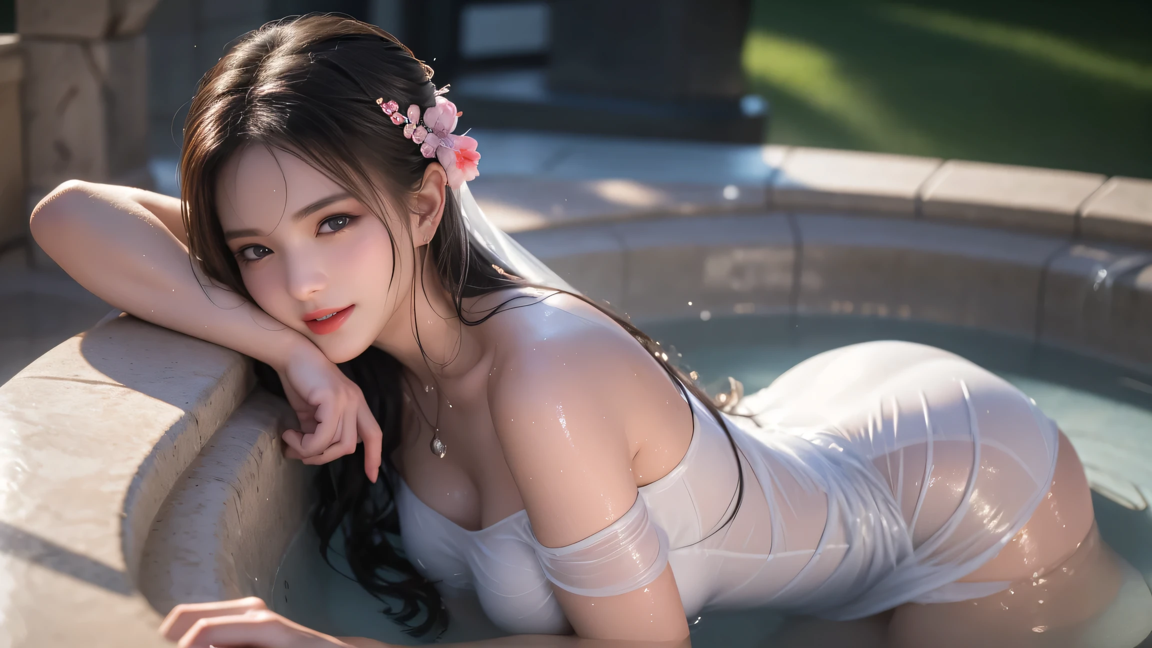 masterpiece, best quality, realistic, 8k, official art, guofeng, 1girl, solo, looking at viewer, realistic, brown hair, partially submerged, water, brown eyes, nose, smile, upper full body, sexy luxury