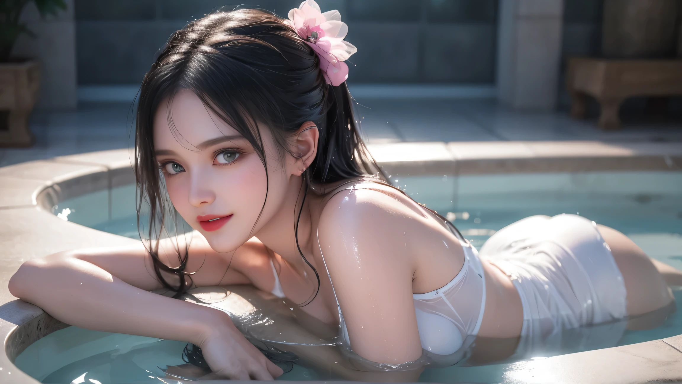 (8k, RAW photos: 1.2), highest quality, ultra high resolution, (((cleavage coordination from head to bottom of breast)), dramatic angle, (pink petals fluttering), (illustration), (1 girl))), (long hair ponytail), (transparent white sheer floral dress)), beautiful face (light brown hair, blue eyes), (bright lip gloss, long eyelashes), Smooth) face, bright skin, natural shadows, wide light, wide light, depth of field, strong colors, subtle caustics: 0.8), smile, (big), (rain: 0.9), behind the girl is Hanazono, (focus), ((standing on the surface of the water)), (color splash), colorful splash, ((colorful))), (sketch: 0.8), masterpiece, best quality, beautifully painted, highly detailed, ( Denoise: 0.6), [Splash Ink], ((Ink Refraction)), (Beautiful Detailed Sky), Highly Detailed, (Masterpiece, Best Quality, Very Detailed) CG Unity 8k Wallpaper, Masterpiece, Best Quality, Ultra Detail), (Lycoris radiata)