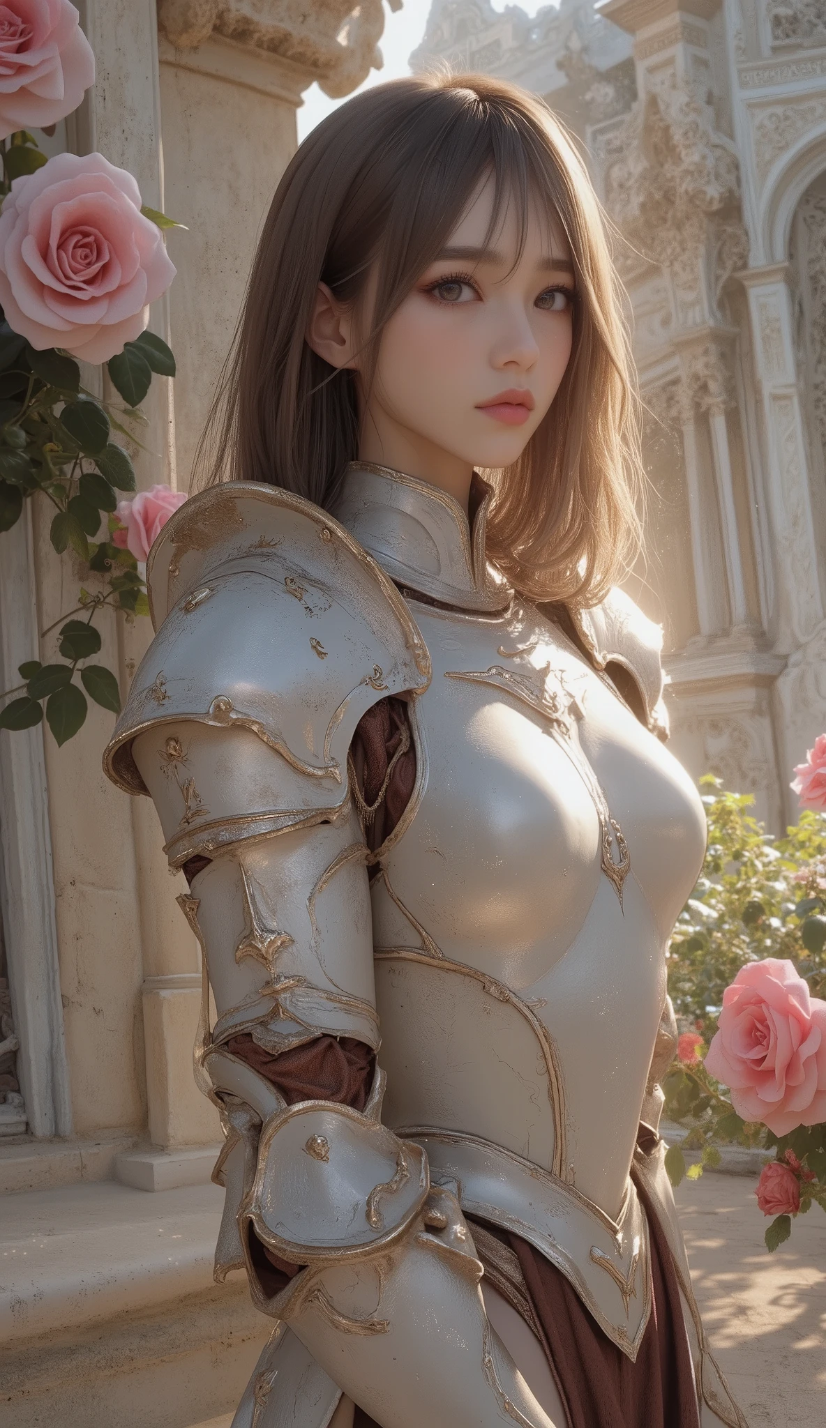 Final Fantasy Style , Takahashi Kazunari's masterpiece, Depiction of a face expressed down to the smallest detail, Detailed Eyes 、Detailed faces、A masterpiece of hair drawn down to the smallest detail , top quality, illustration , Super Detail, fine detail, high resolution, 8k wallpaper, perfect dynamic composition, beautiful detailed eyes, dress , medium hair , middle of chest, Natural Color Lip, (full body shot), Random Sexy Poses,smile, Knight, wearing Knight armor, rose garden, complicated light source 、 glitter、Mr.々Colored light 、 gorgeous 、Alluring