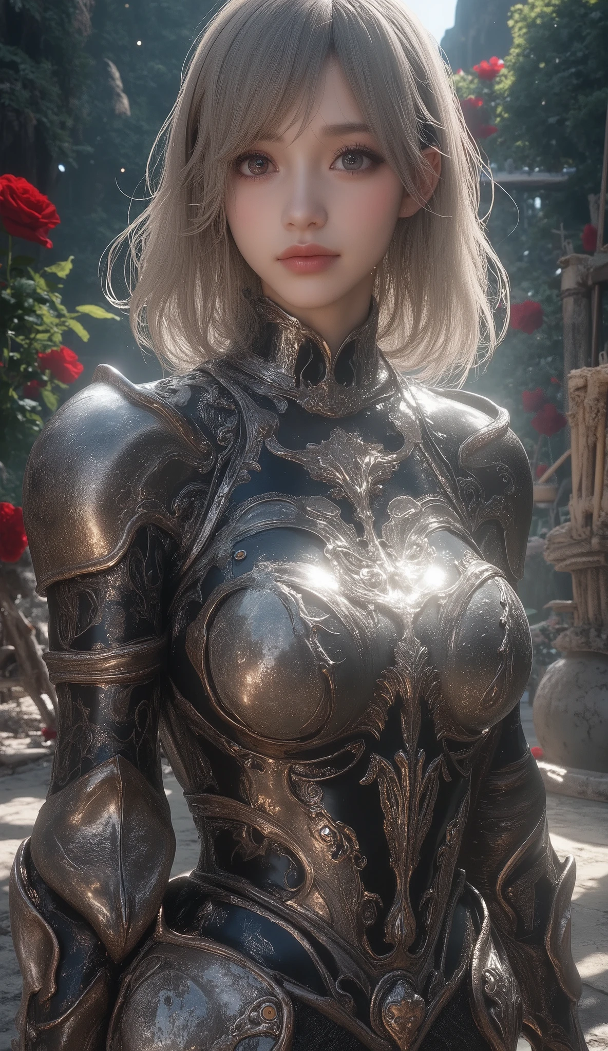 Final Fantasy Style , Takahashi Kazunari's masterpiece, Depiction of a face expressed down to the smallest detail, Detailed Eyes 、Detailed faces、A masterpiece of hair drawn down to the smallest detail , top quality, illustration , Super Detail, fine detail, high resolution, 8k wallpaper, perfect dynamic composition, beautiful detailed eyes, dress , medium hair , middle of chest, Natural Color Lip, (full body shot), Random Sexy Poses,smile, Knight, wearing Knight armor, rose garden, complicated light source 、 glitter、Mr.々Colored light 、 gorgeous 、Alluring