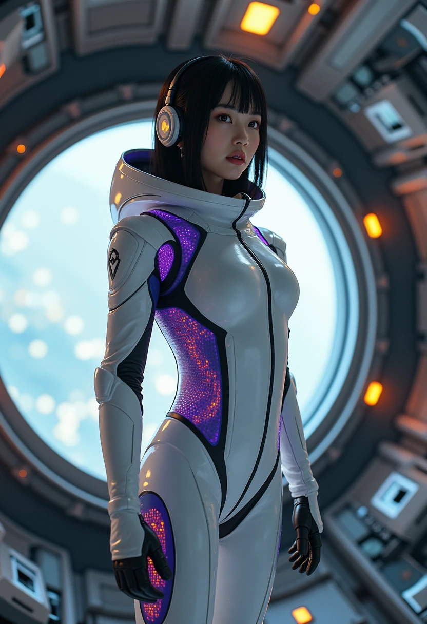 r_ap82_, (Overhead view) Full body shoot,ultra-detailed, illustration, close-up, straight on, 1girl, ((interface headset, red bodysuit:1.4, black hair, short hair)),Her eyes shone like dreamy stars,(glowing eyes:1.233),(beautiful and detailed eyes:1.1),(expressionless,closed mouth),(standing), (mechanic room with toolsand spaceship windowin a white SPACESHIP), (night:1.2),dreamy, [[delicate fingers and hands:0.55]::0.85],(detail fingers),