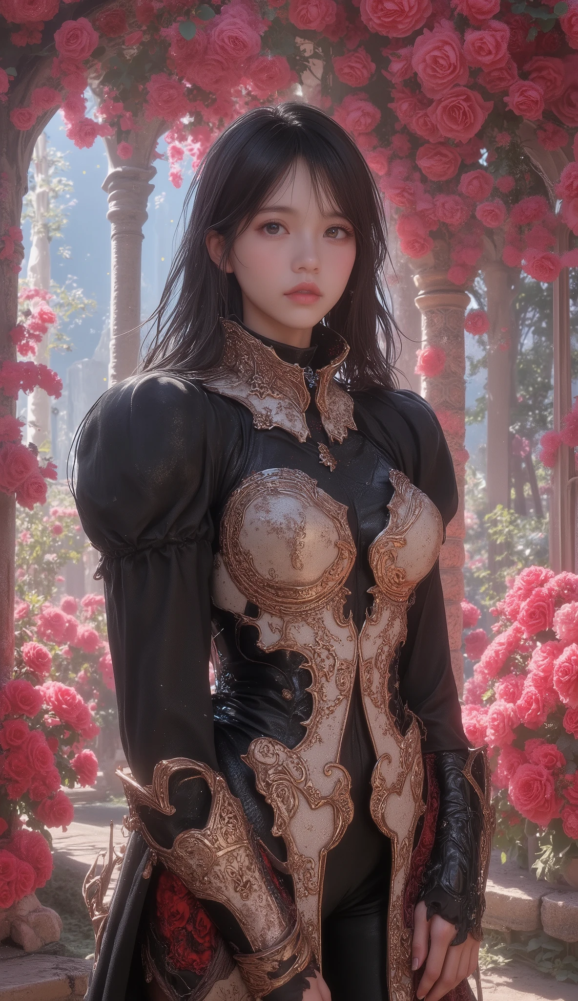 Final Fantasy Style , Takahashi Kazunari's masterpiece, Depiction of a face expressed down to the smallest detail, Detailed Eyes 、Detailed faces、A masterpiece of hair drawn down to the smallest detail , top quality, illustration , Super Detail, fine detail, high resolution, 8k wallpaper, perfect dynamic composition, beautiful detailed eyes, dress , medium hair , middle of chest, Natural Color Lip, (full body shot), Random Sexy Poses,smile, Knight, wearing Knight armor, Armor with complex construction, rose garden, complicated light source 、 glitter、Mr.々Colored light 、 gorgeous 、Alluring