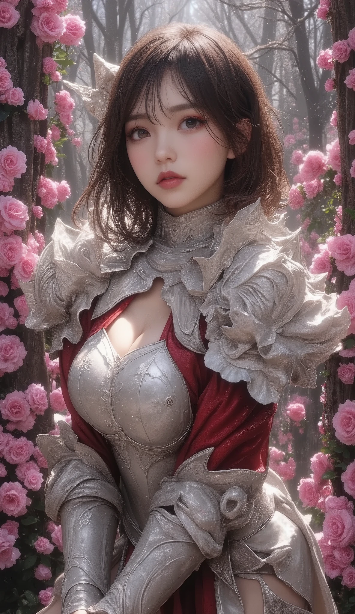 Final Fantasy Style , Takahashi Kazunari's masterpiece,  Depiction of a face expressed down to the smallest detail,  Detailed Eyes 、Detailed faces、A masterpiece of hair drawn down to the smallest detail ,  top quality,  illustration ,  Super Detail,  fine detail,  high resolution,  8k wallpaper,  perfect dynamic composition,  beautiful detailed eyes,  dress ,  medium hair ,  middle of chest,  Natural Color Lip,  (full body shot), Random Sexy Poses,smile, Knight, wearing Knight armor, Armor with complex construction, rose garden,  complicated light source 、 glitter、Mr.々Colored light 、 gorgeous 、Alluring