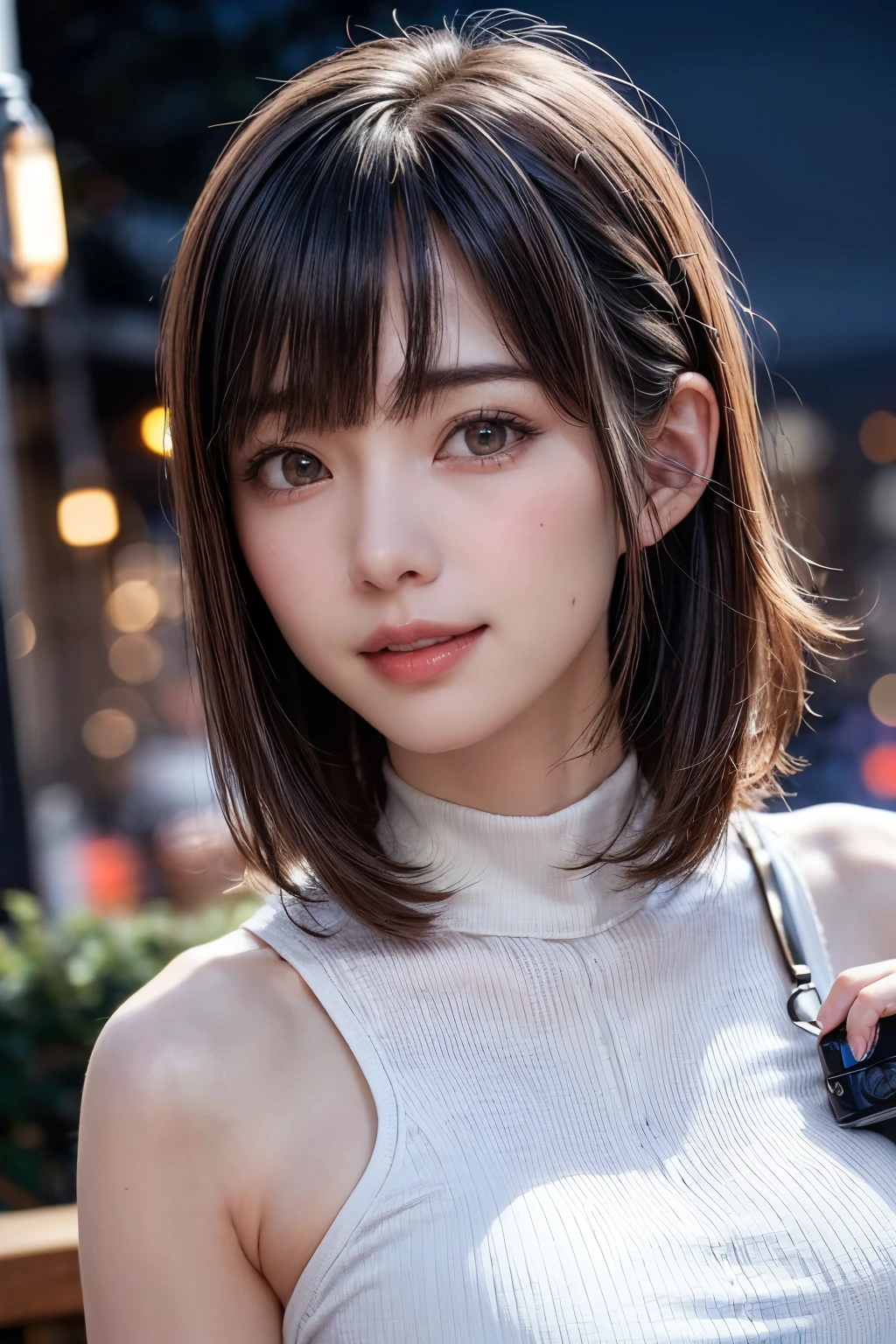 (masterpiece, Highest quality),One Girl, alone, hyper Realistic, Realistic,Realistic, Looking at the audience, Light brown eyes:1.4,Brunette Short Bob Hair with highly detailed shiny hair, Brightly colored winter clothes, Lepangas:1.4), Plein Air, Mouth closed, Upper Body、big chest eye、eyelash、{Hugeな|big chest|Hugeなな|Mega} chest:2, chestの谷間:2、{Huge|big|Hugeな|Mega} chest:2, chestの谷間:2、(((big chest eye、Short Bob Hair、Glowing Skin、Shiny Hair、Student Highlights、Gazing at the audience、She is very beautiful and cute、Listen carefully、Long neck、smile、Close your mouth and smile、bangsと美しい歯、bangs、Perfect Anatomy)))、Ideal body type、（Snowy tree-lined road in winter in Norway, Out of focus background）、美しいLong neck:1.4、Very attractive, Beautiful and cute woman