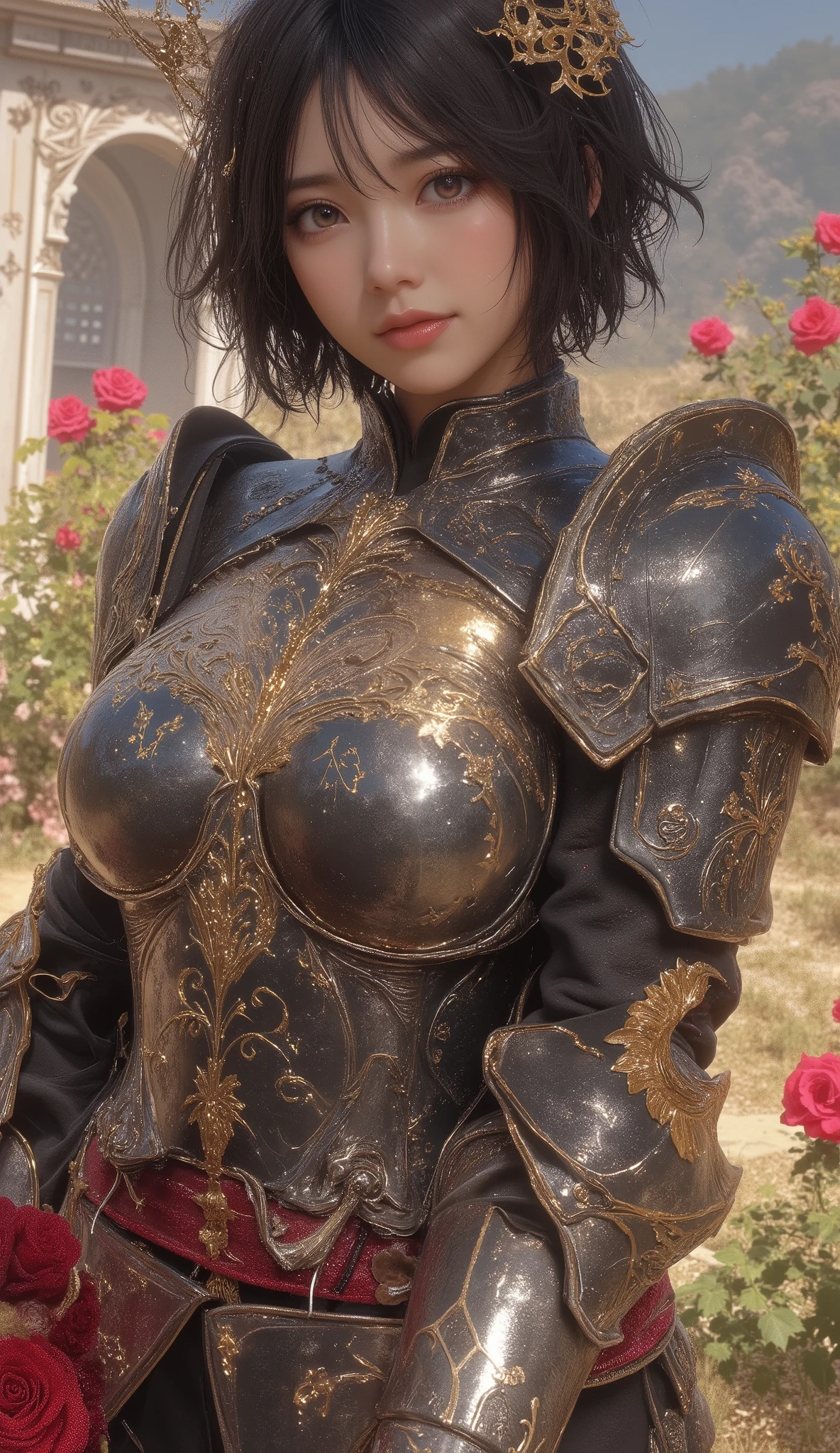 Final Fantasy Style , Takahashi Kazunari's masterpiece,  Depiction of a face expressed down to the smallest detail,  Detailed Eyes 、Detailed faces、A masterpiece of hair drawn down to the smallest detail ,  top quality,  illustration ,  Super Detail,  fine detail,  high resolution,  8k wallpaper,  perfect dynamic composition,  beautiful detailed eyes,  dress ,  medium hair ,  middle of chest,  Natural Color Lip,  (full body shot), Random Sexy Poses,smile, Knight, wearing Knight armor, Armor with complex construction, rose garden,  complicated light source 、 glitter、Mr.々Colored light 、 gorgeous 、Alluring