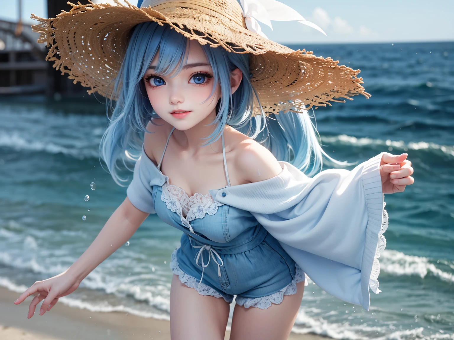 A hyper-realistic, ultra-detailed full-body 3D-rendered image of a -yeld Jaese girl named Kanon. She has a delicate, youthful face with a well-defined, softly contoured jawline, giving her a gentle yet elegant appearance. Her large, expressive light blue eyes shimmer subtly, framed by long, thick dark eyelashes that enhance their depth and natural beauty. Her slightly arched eyebrows complement her eye shape, giving her a lively and carefree expression.
Her cheeks are softly flushed, her rosy lips curved into a radiant smile, and her eyes sparkle with excitement as she enjoys the ocean breeze. She is running barefoot along the shoreline, her feet splashing through the shallow waves, leaving soft footprints in the wet sand.
Kanon's signature soft blue hair cascades in long, flowing waves, styled into a half-up twin-tail secured with small seashell-shaped clips. Her hair moves dynamically with the ocean breeze, individual strands catching the golden sunlight, creating a silky, glowing effect.
She is wearing a light, airy beach outfit, featuring a flowing white off-shoulder sundress with delicate lace trim, the fabric billowing gracefully with each step. The dress is slightly translucent in the sunlight, adding a touch of realism. Beneath, she wears a light blue swimsuit or a matching camisole and shorts set. The thin straps of the sundress slide slightly down her shoulders, giving a relaxed, summer vibe. A woven sun hat hangs loosely from her back, tied with a light blue ribbon.
She is joyfully twirling, her arms outstretched, her dress swirling beautifully around her. One of her bare feet is lifted slightly mid-step, water droplets catching the sunlight as they scatter into the air. Her hair whips around her face as she tilts her head slightly towards the sky, her eyes reflecting the vast ocean horizon.
The background is a picturesque tropical beach, with