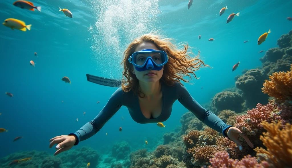 A full wide shot of a young Australian man with snorkeling gears dives after chitala fishes in a pool. bright pastel colors, cinematic comedy 8k --ar 16:9 --v 5.2 --s 750