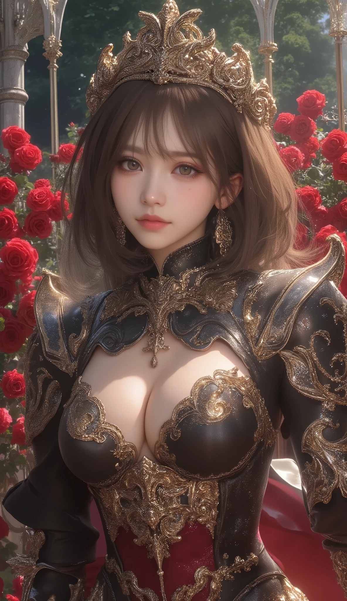 Final Fantasy Style , Takahashi Kazunari's masterpiece,  Depiction of a face expressed down to the smallest detail,  Detailed Eyes 、Detailed faces、A masterpiece of hair drawn down to the smallest detail ,  top quality,  illustration ,  Super Detail,  fine detail,  high resolution,  8k wallpaper,  perfect dynamic composition,  beautiful detailed eyes,  dress ,  medium hair ,  middle of chest,  Natural Color Lip,  (full body shot), Random Sexy Poses,smile, Knight, wearing Knight armor, Armor with complex construction, rose garden,  complicated light source 、 glitter、Mr.々Colored light 、 gorgeous 、Alluring