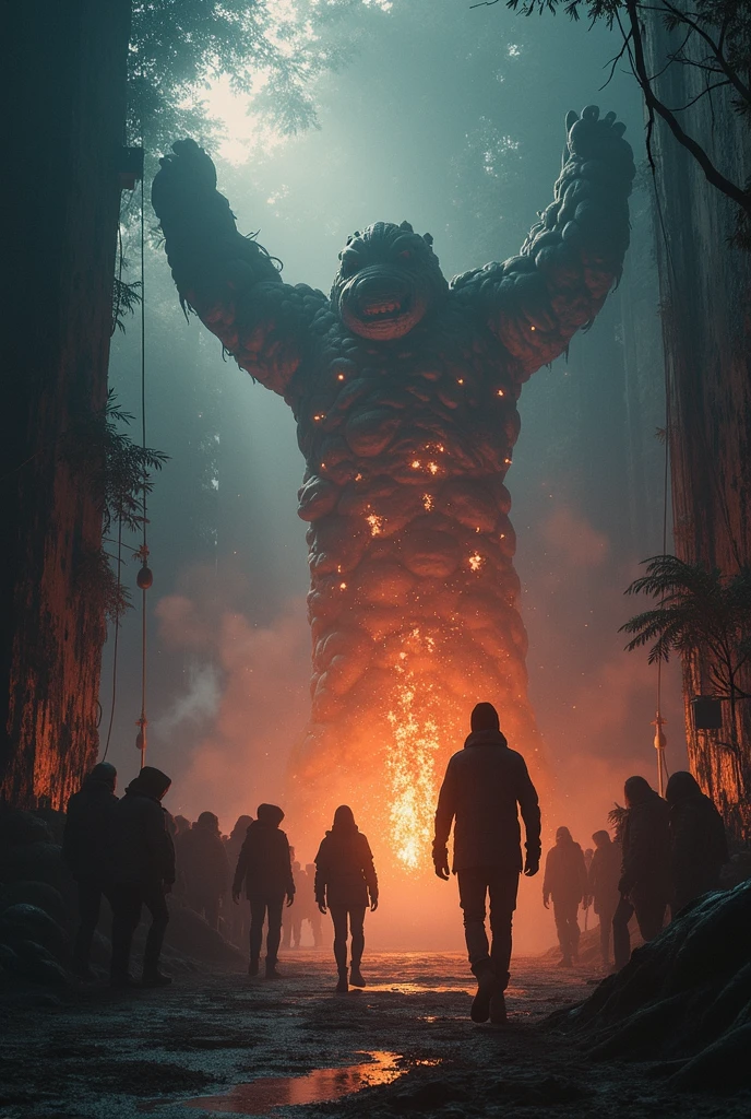 realistic detailed photo, 1 man and 1 woman running, eerie floating creatures in the sky, surreal atmosphere, cinematic lighting, dramatic shadows, highly detailed, hyper realistic, photorealistic, (best quality, 8k, ultra-detailed, masterpiece:1.2), wide angle, (dramatic:1.3), (cinematic:1.2), (realistic:1.37), (horror:1.1), (fantasy:1.1), dramatic lighting, moody colors, dark tones, sam yang