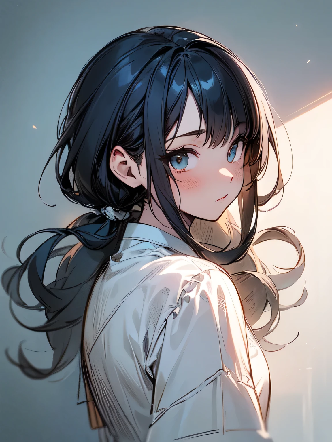 Anime girl with long black hair and blue eyes looking at the camera ...