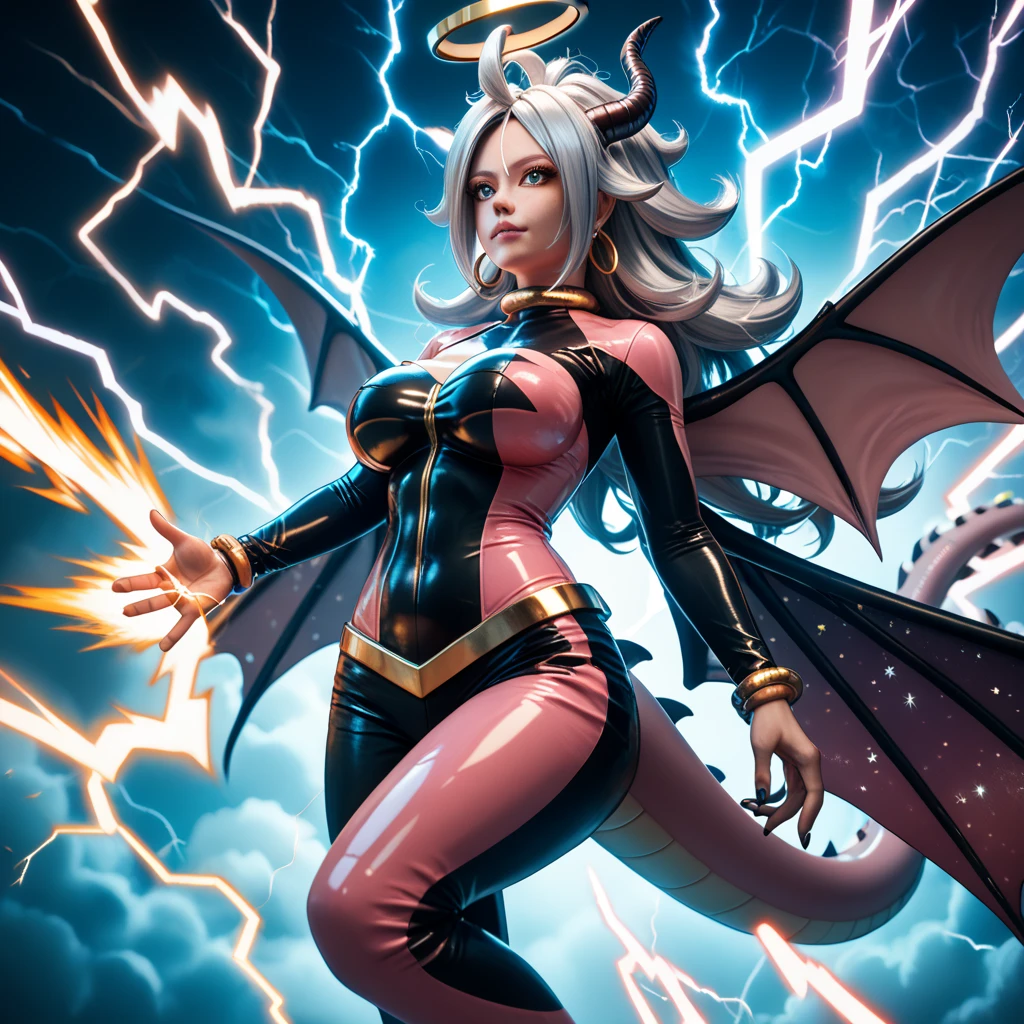 Stormy Daniels as a hyper-giant, Hyper-powerful demon with a demon horn on its head and demon wings, and throws purple lightning bolts at a building and breaks buildings , ville en ruine post apocalyptique,