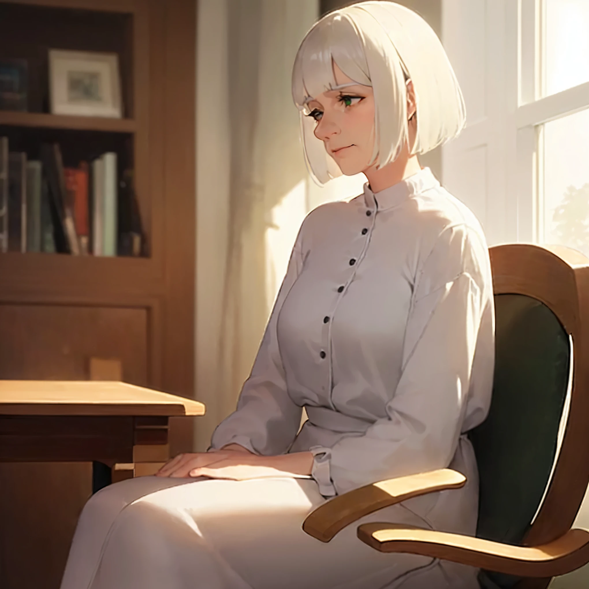 side angle, (looking away:1.5), Realistic, real person, RAW photo, photorealistic, portrait photography, shiny skin, white hair, bobcut hair with bangs, green eyes, (60-year-old grandmother), wearing a white blouse, (worried:1.3), alone, sitting on rocking chair, inside the living room,