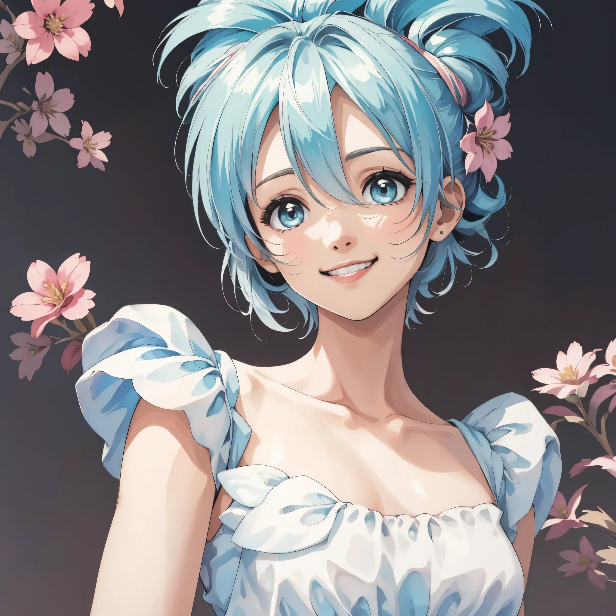 Cinnamic,  short hair,  upper body, smile, ,  pose ,  floral background 