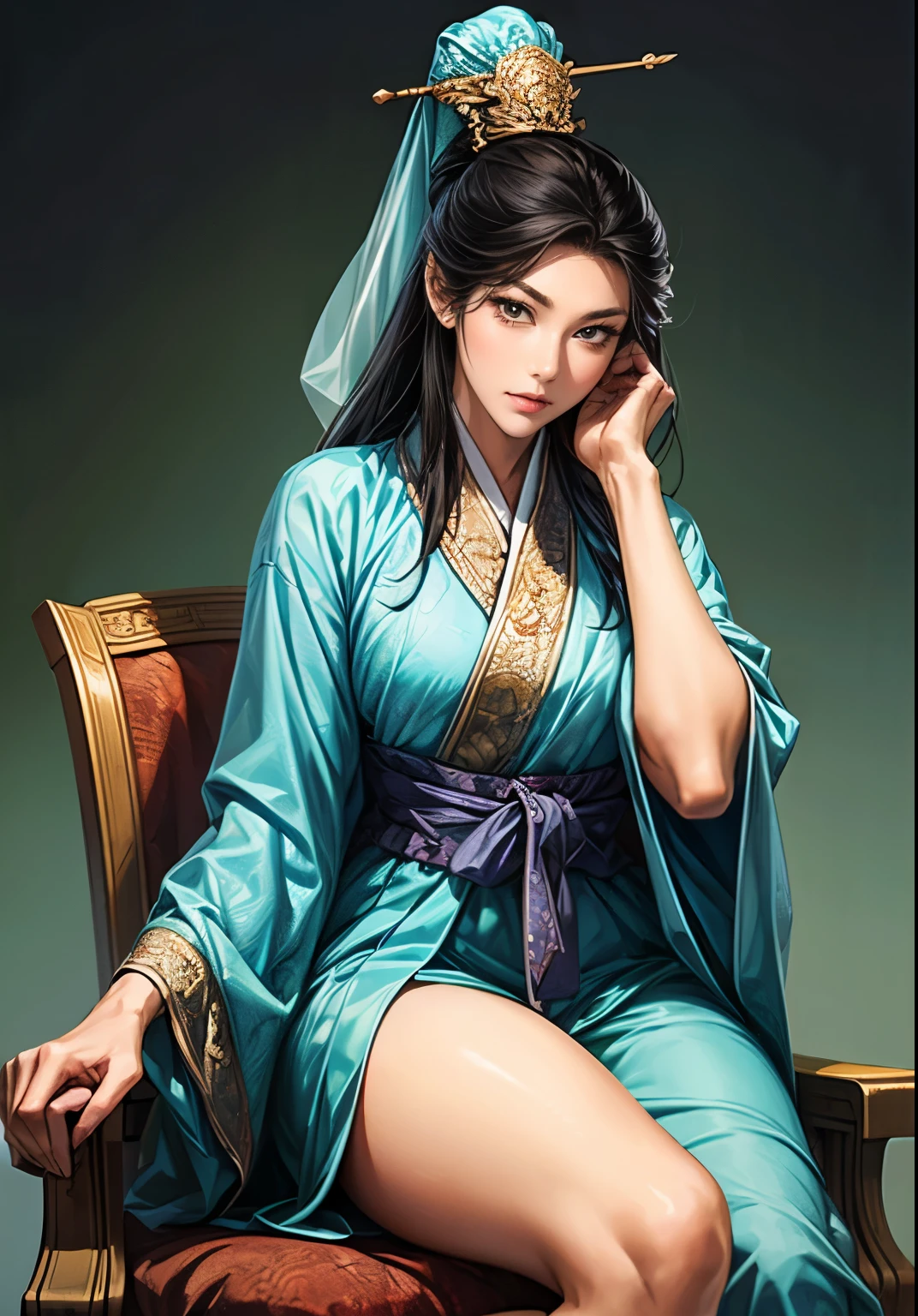 ((Create images from head to thigh:1.5)),  Three Kingdoms illustration , sanguo, (sanguozhi :1.5), (((female solo))),  Beautiful Woman,  beautiful face, various faces, (bhands:1.3), ((black hair)), various poses, (((make various facial expressions))), silver jewelry, (make a sexy look), (Korean traditional clothing:1.2), MFBP1:1.3, Woman standing back and looking, Brilliant background ,  blurry background , natural lighting, woman sitting on a chair