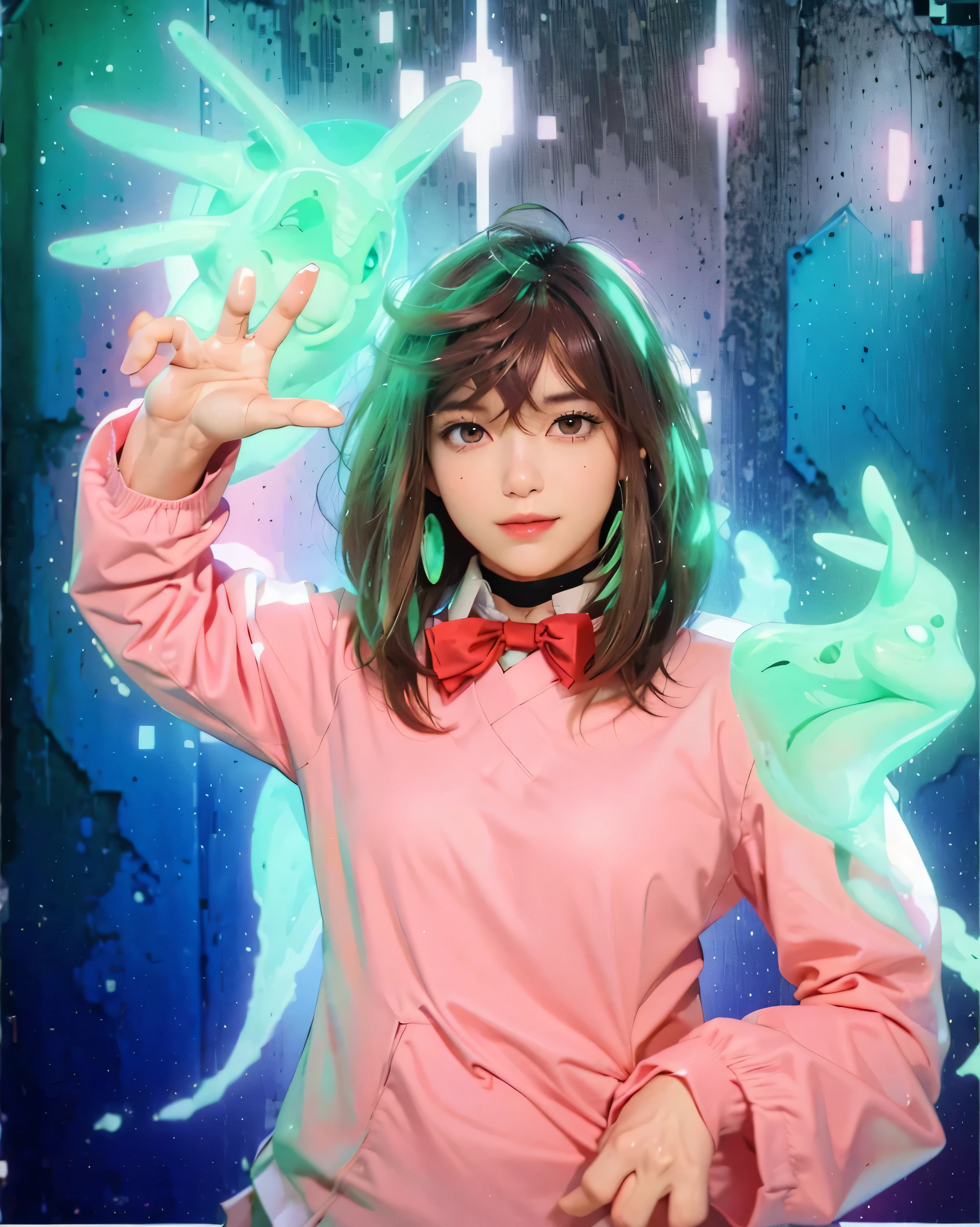 ((AYASE MOMO_DANDANDAN),((realistic, photorealistic)),(highlight hair)), Light reflection, (( HD )),((upper body)), (((best quality, masterpiece))), (masterpiece) (best quality) (detail) (8k) (HDR) (wallpaper) (cinematic lighting) (sharp focuasterpiece, best quality: 1.1), Real life adaption of this character, Asian  beauty face, Shining Purple eyes, realistic outfit, realistic shadow, realistic light, realism, hyper realistic, realistic background,(photorealistic:1.2), 1girls,ayase_wz, medium hair, brown hair, brown eyes, large breasts, chocker, red bowtie, , pink cardigan, long cardigan, long sleeves, blue skirt, pleated skirt, school uniform, earrings, collared shirt, white shirt, alternate costume, loose socks, white socks,score_9, score_7_up, source_anime,  ayase_wz, medium hair, brown hair, brown eyes, large breasts, chocker, red bowtie , pink cardigan, long cardigan,  long sleeves, blue skirt, pleated skirt, school uniform, earrings, collared shirt, white shirt, alternate costume, loose socks, white socks, standing, looking at viewer, smile, classroom, indoors, (leaning forward:1.15), finger to mouth, light smile, light blush, horosuke, anime coloring,Green background, esper power, Green esper hand, transparent, Green hair light