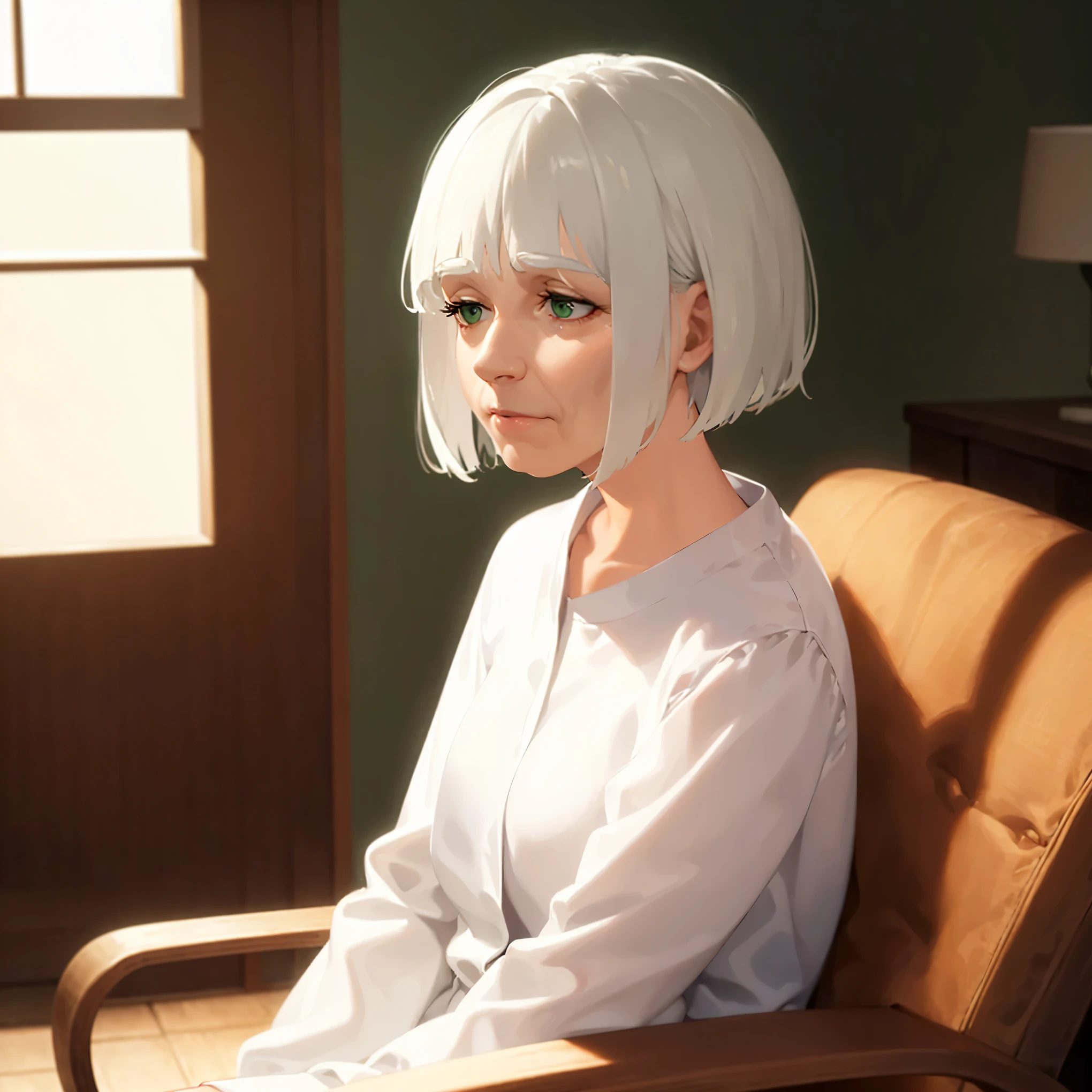 Realistic, real person, RAW photo, photorealistic, portrait photography, shiny skin, white hair, bobcut hair with bangs, green eyes, (60-year-old grandmother), wearing a white blouse, (worried:1.3), alone, sitting on rocking chair, inside the living room,