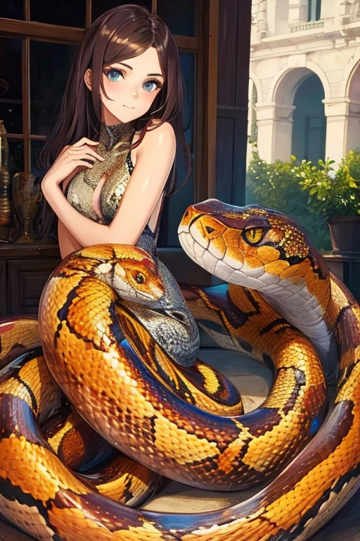 Beauty and snakes,python,Upper Body,Close your eyes,Hollywood special effects,masterpiece,European beauties under soft light effect,(Cleavage:.09)