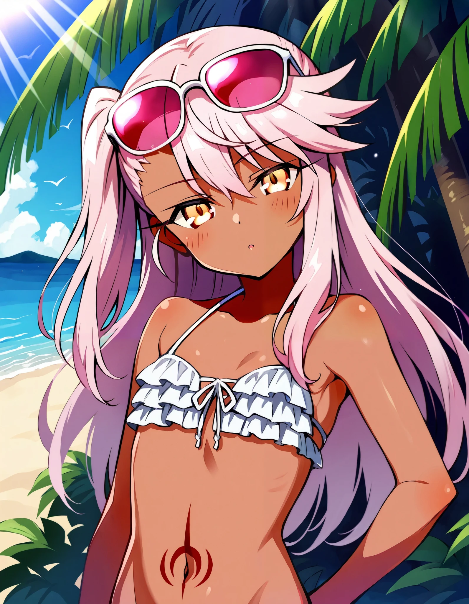 anime, Chloe_Von_Einzbern, 1girl, solo, yellow eyes, pink hair, long hair, hair between eyes, side ponytail, flat chest, dark-skinned female, upper body, looking at viewer, pink eyewear on head, beach, frilled bikini, navel, half closed eyes, head tilt, sunrays,