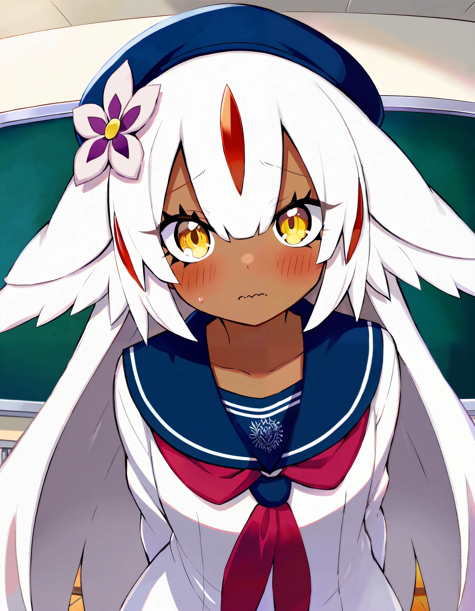 Faputa, Dark skin, White fur, looking at viewer, masterpiece, absurdres, high quality, highres, school uniform, beret, upper body, classroom, shy, looking down, wavy mouth, hair flower, arms behind back, standing,