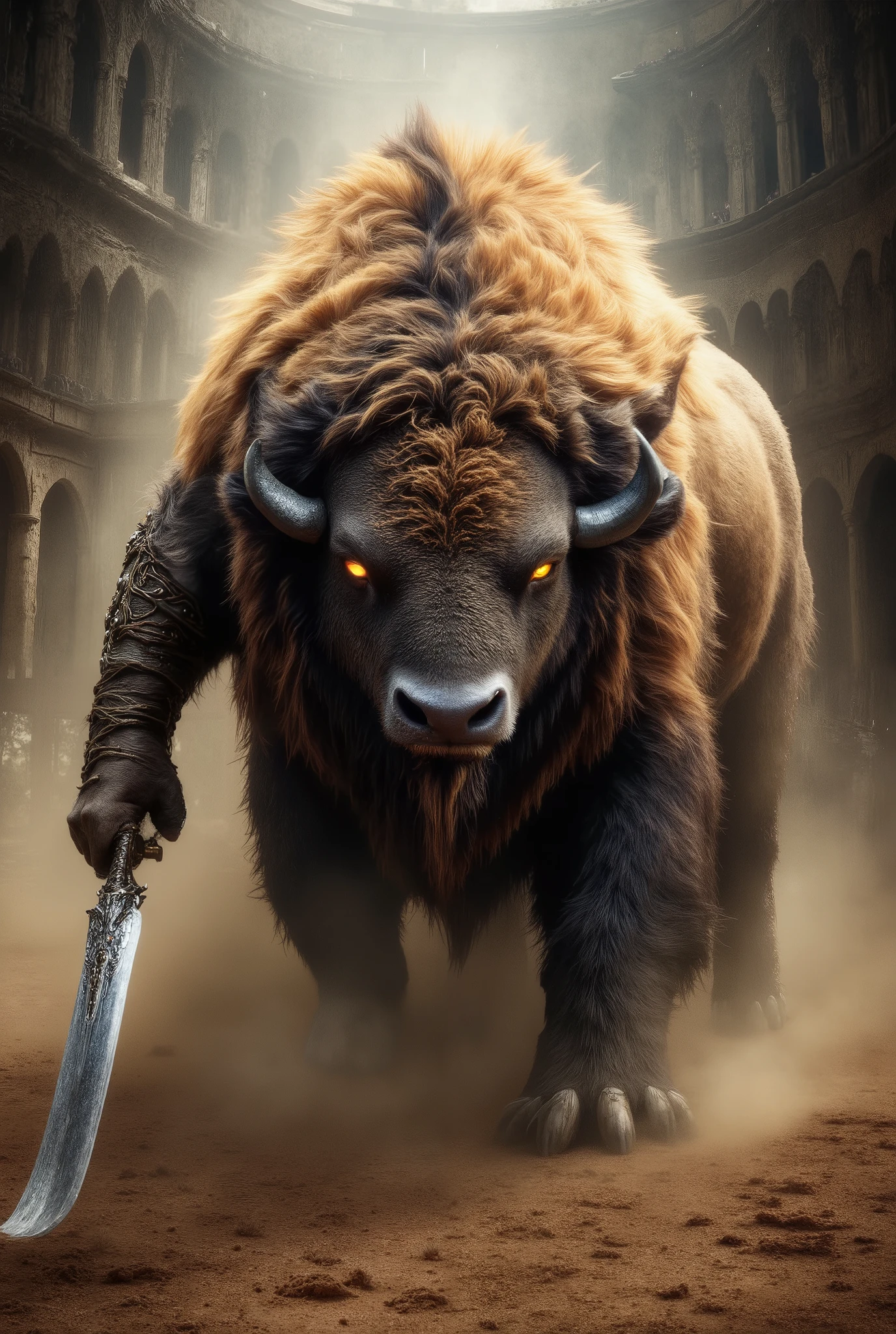 beautiful fantasy, Fantasy, Very detailed, Colosseum movie scene , a huge wild bison fights a man with a sword in hand and light armor, dust rises from their furious battle , Very Beautiful , masterpiece, 8 k, best quality, complicated details, maximum number of details , professional processing ,
