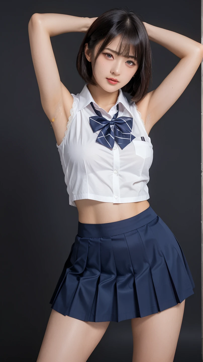 Hight Resolution、high-level image quality、8K、Real due diligence、Raw-Photo、Top Quality、masterpiece、masutepiece、Erotic、Pupils、White lace bra,white skinned,knee,(Flesh-colored Pantyhose),Detail panty pattern、panties focus、White small panties、small panties、Micro panties、absurderes,smaller face、tits huge、Separating bangs from the middle、The forehead is visible,(cold expression<Tight eyes,glare,Optimize,Thin anger)、masterpiece,Top Quality、超High Resolution A,Raw foto,ren,Beautiful fece,One Person, 独奏,Dark look,Small breasts,fullllbody、Very good、JK school uniform,high school girl,Japanese women,is standing,(Photorealcitic:1.37)、photons mapping,Navy Blue Ribbon,realisitic、Cute little face,brown eyes、18 years-old、(red bowtie)、Radio City、physics based rendering、foreground、depth of fields、blured background、a photo of,girls、Body,beauty leg, Long leg, Thin leg,Long Bob Cut,(The bangs are visible), heads, s lips, blue_Ojo, Nosesoft,(light blue see-through shirt), (navy Pleats Skirt), The knee is visible,Sheer Clothes, thigh, 乃木坂アイドル, pornstar, Japanese ido、Glittering Eyes、Shiny Lip、