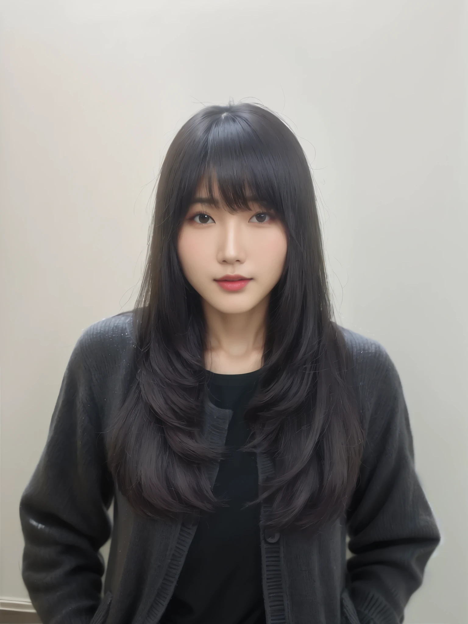 Best Quality, 8k, Masterpiece, (Portrait: 1.3), (photo realistic:1.4), (hyper realistic:1.4), Sharp Focus, looking at viewer, 
(smoother lighting:1.1), (increase cinematic lighting quality:0.9), realistic lighting, backlighting, light on face, ray trace, 
(brightening light:1.2), (Increase quality:1.4), sharp detail, (best quality real texture skin:1.4), finely detailed eyes, black_eyes, 
finely detailed face, 25 year old Korean woman, (dark gray cardigan:1.4), (Create an image maintaining the original base model hairstyle:1.5)