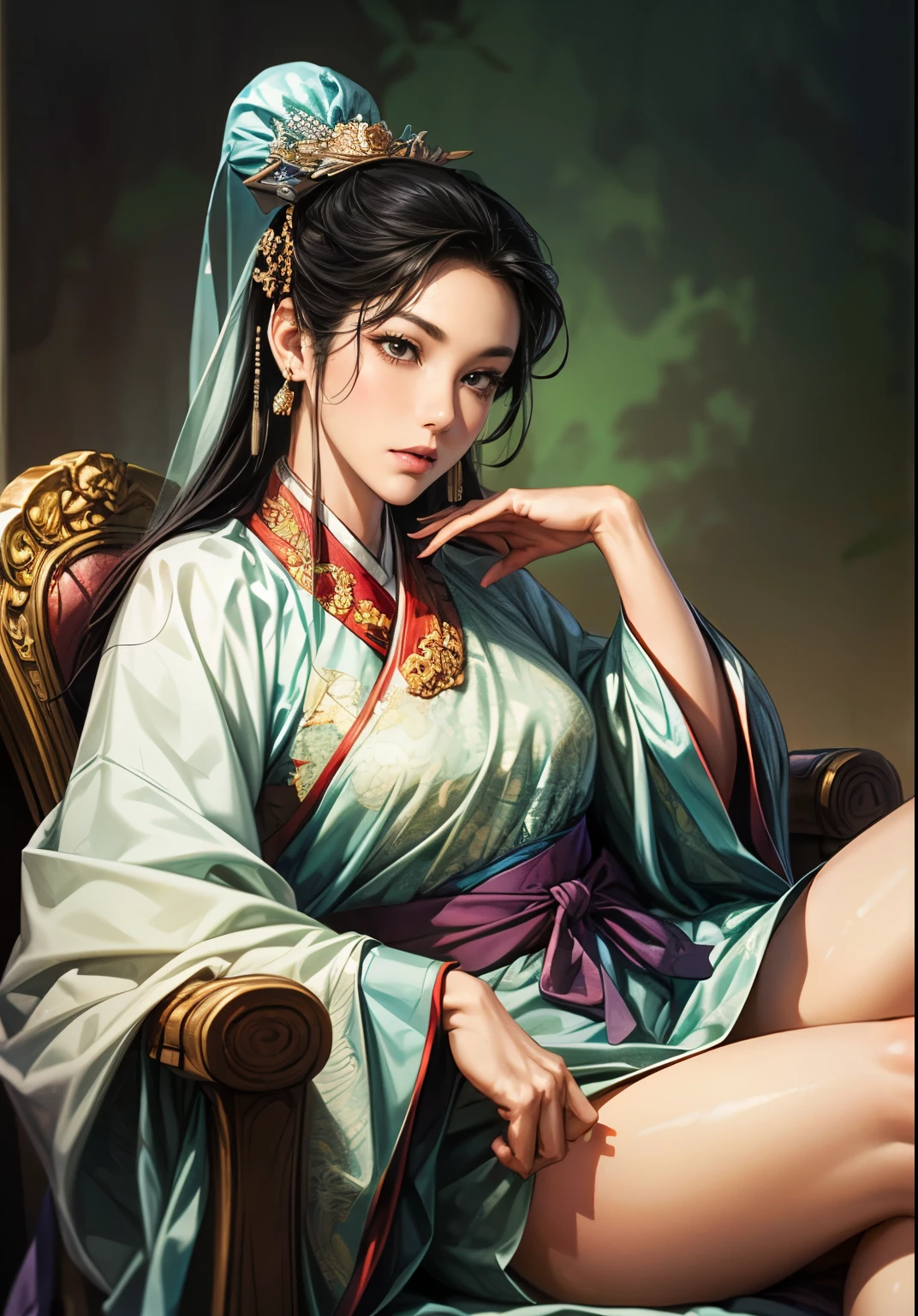 ((Create images from head to thigh:1.5)), Three Kingdoms illustration , sanguo, (sanguozhi :1.5), (((female solo))), Beautiful Woman, beautiful face, various faces, (bhands:1.3), ((black hair)), various poses, (((make various facial expressions))), silver jewelry, (make a sexy look), (Korean traditional clothing:1.2), MFBP1:1.3, Woman standing back and looking, Brilliant background , blurry background , natural lighting, Woman sitting on a chair