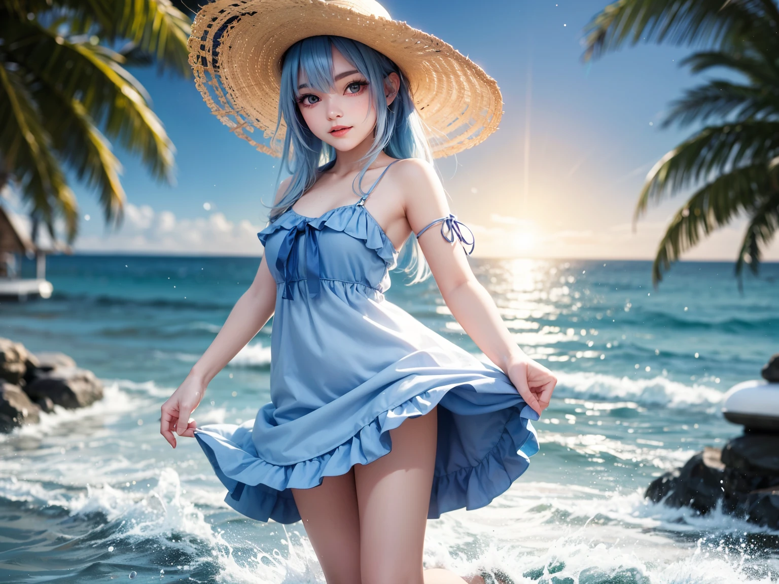 A hyper-realistic, ultra-detailed full-body 3D-rendered image of a -yeld Jaese girl named Kanon. She has a delicate, youthful face with a well-defined, softly contoured jawline, giving her a gentle yet elegant appearance. Her large, expressive light blue eyes shimmer subtly, framed by long, thick dark eyelashes that enhance their depth and natural beauty. Her slightly arched eyebrows complement her eye shape, giving her a lively and carefree expression.
Her cheeks are softly flushed, her rosy lips curved into a radiant smile, and her eyes sparkle with excitement as she enjoys the ocean breeze. She is running barefoot along the shoreline, her feet splashing through the shallow waves, leaving soft footprints in the wet sand.
Kanon's signature soft blue hair cascades in long, flowing waves, styled into a half-up twin-tail secured with small seashell-shaped clips. Her hair moves dynamically with the ocean breeze, individual strands catching the golden sunlight, creating a silky, glowing effect.
She is wearing a light, airy beach outfit, featuring a flowing white off-shoulder sundress with delicate lace trim, the fabric billowing gracefully with each step. The dress is slightly translucent in the sunlight, adding a touch of realism. Beneath, she wears a light blue swimsuit or a matching camisole and shorts set. The thin straps of the sundress slide slightly down her shoulders, giving a relaxed, summer vibe. A woven sun hat hangs loosely from her back, tied with a light blue ribbon.
She is joyfully twirling, her arms outstretched, her dress swirling beautifully around her. One of her bare feet is lifted slightly mid-step, water droplets catching the sunlight as they scatter into the air. Her hair whips around her face as she tilts her head slightly towards the sky, her eyes reflecting the vast ocean horizon.
The background is a picturesque tropical beach, with