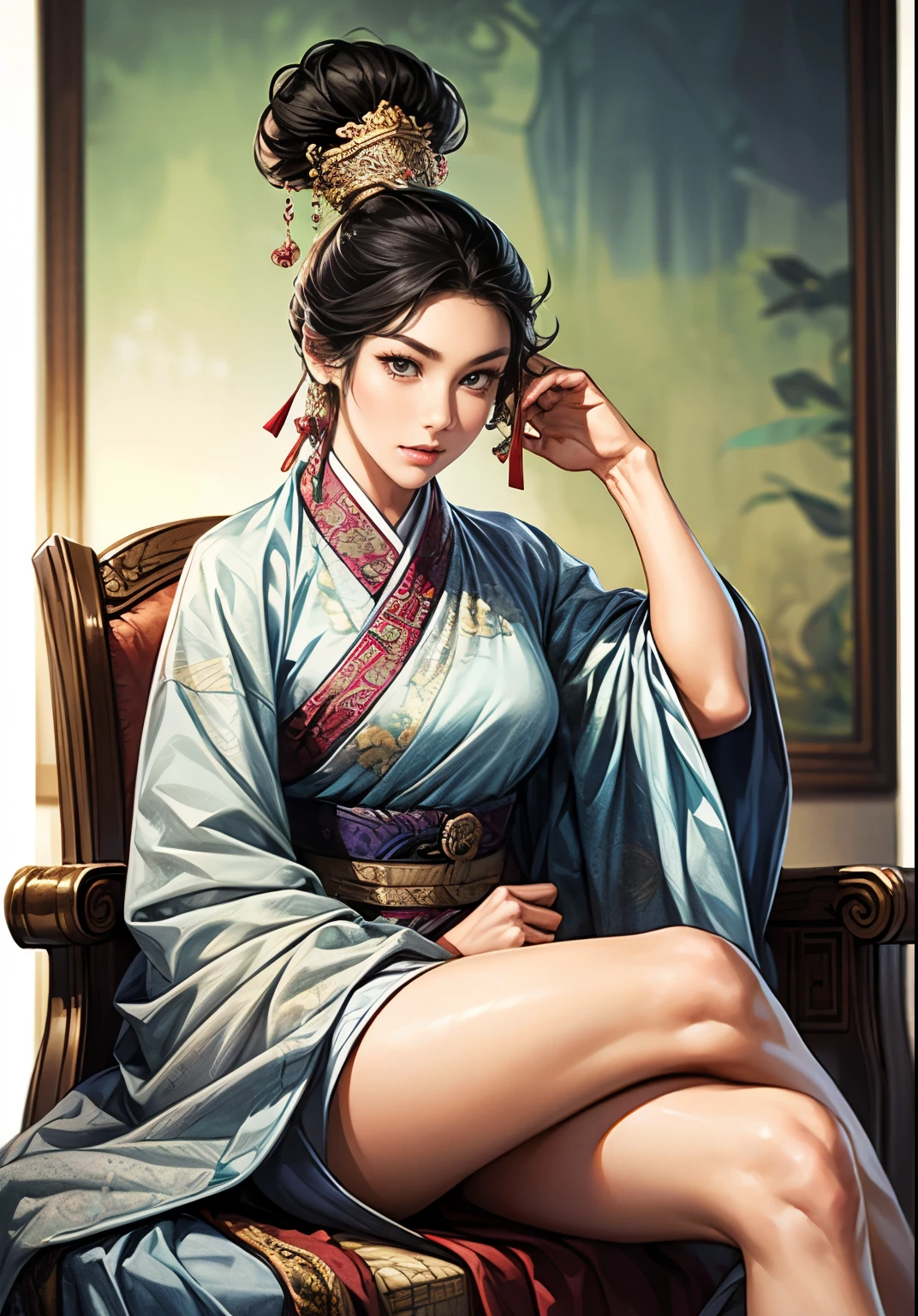 ((Create images from head to thigh:1.5)), Three Kingdoms illustration , sanguo, (sanguozhi :1.5), (((female solo))), Beautiful Woman, beautiful face, various faces, (bhands:1.3), ((black hair)), various poses, (((make various facial expressions))), silver jewelry, (make a sexy look), (Korean traditional clothing:1.2), MFBP1:1.3, Woman standing back and looking, Brilliant background , blurry background , natural lighting, Woman sitting on a chair